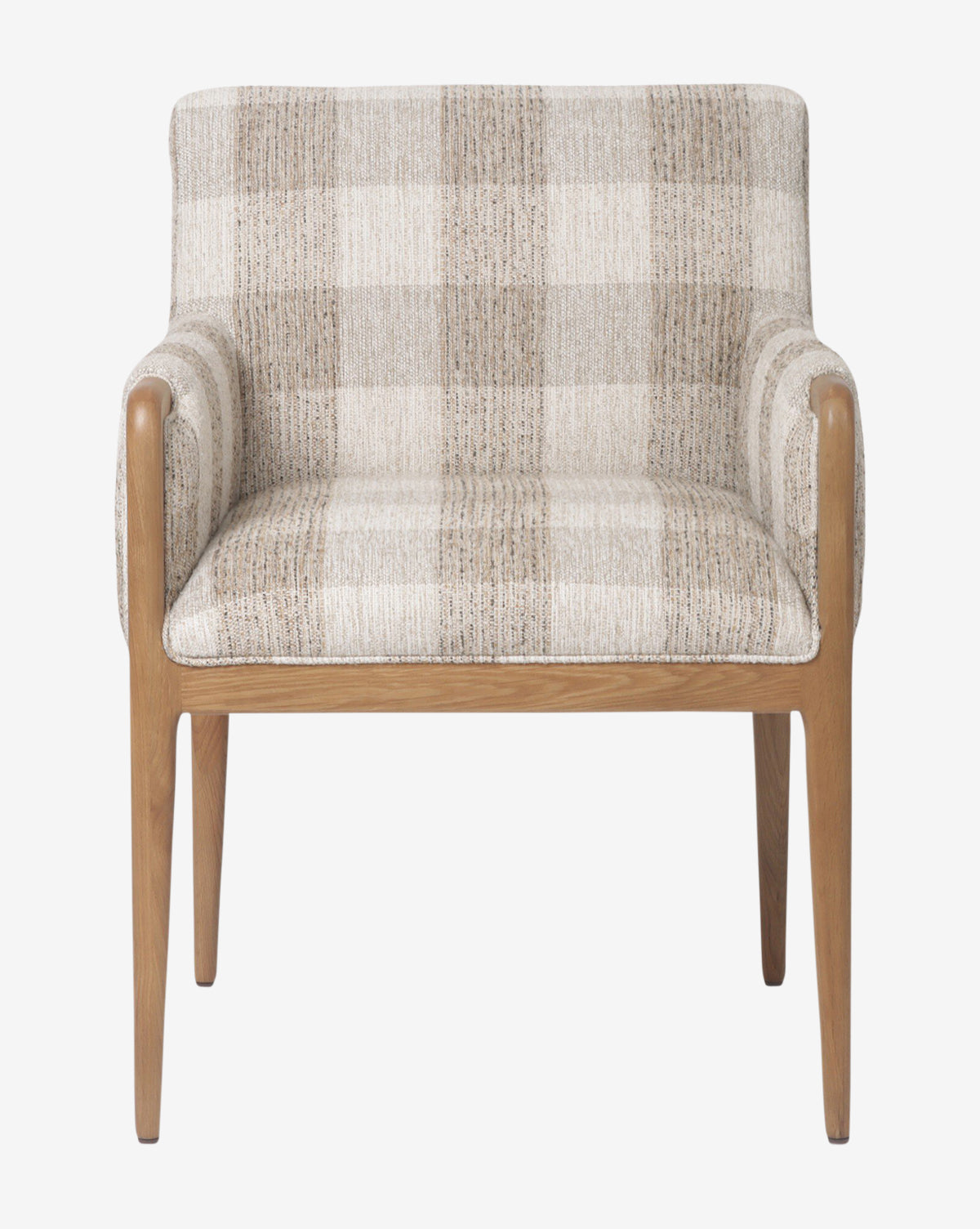 The Maebh Dining Chair features light brown wooden oak legs and armrests, with beige and cream plaid upholstery on the seat and backrest, offering timeless style against a plain white background, by McGee & Co.