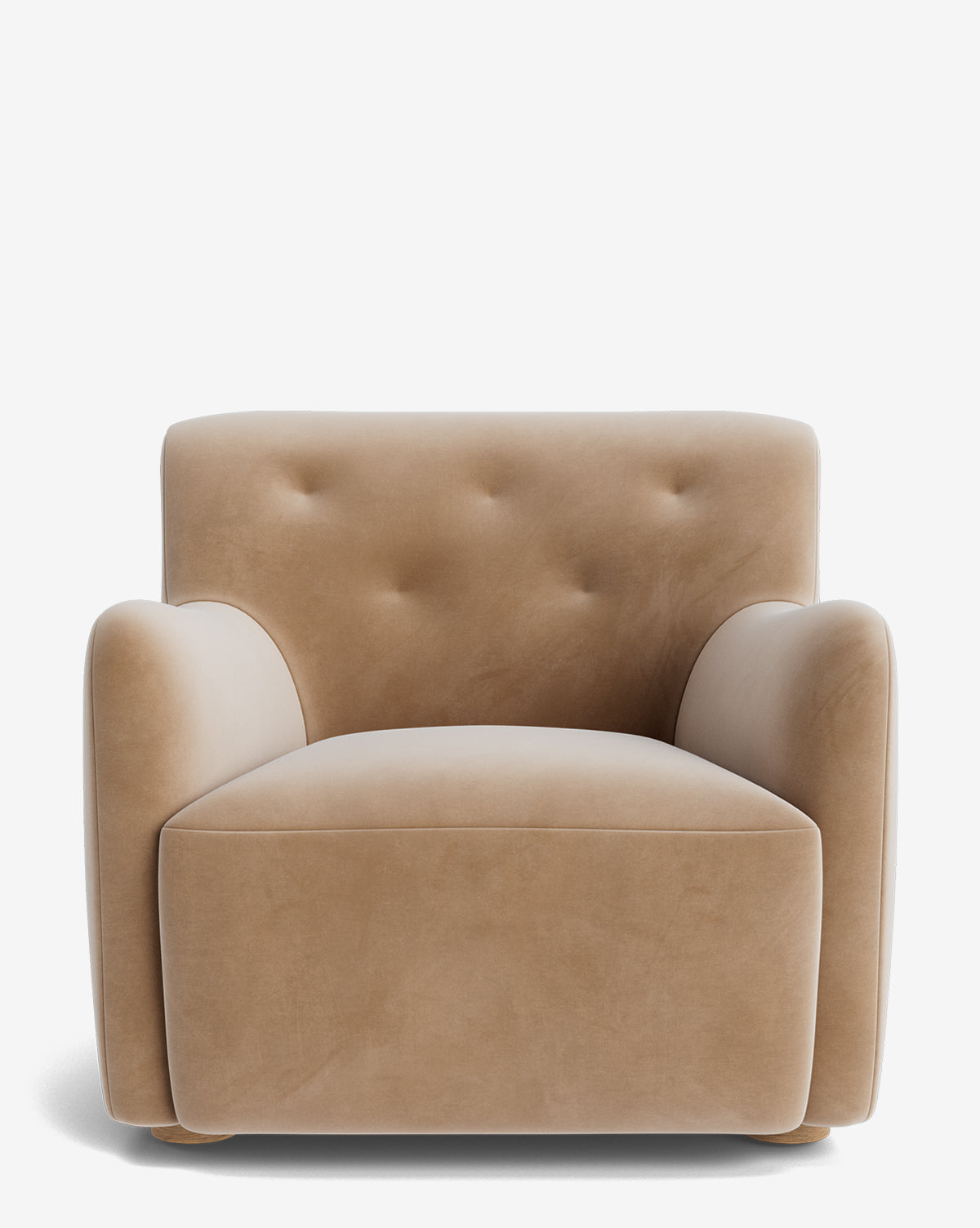 The Magda Lounge Chair by Makerspalm features designer beige velvet upholstery, curved armrests, and a tufted backrest. Shown from the front against a white background. McGee & Co.