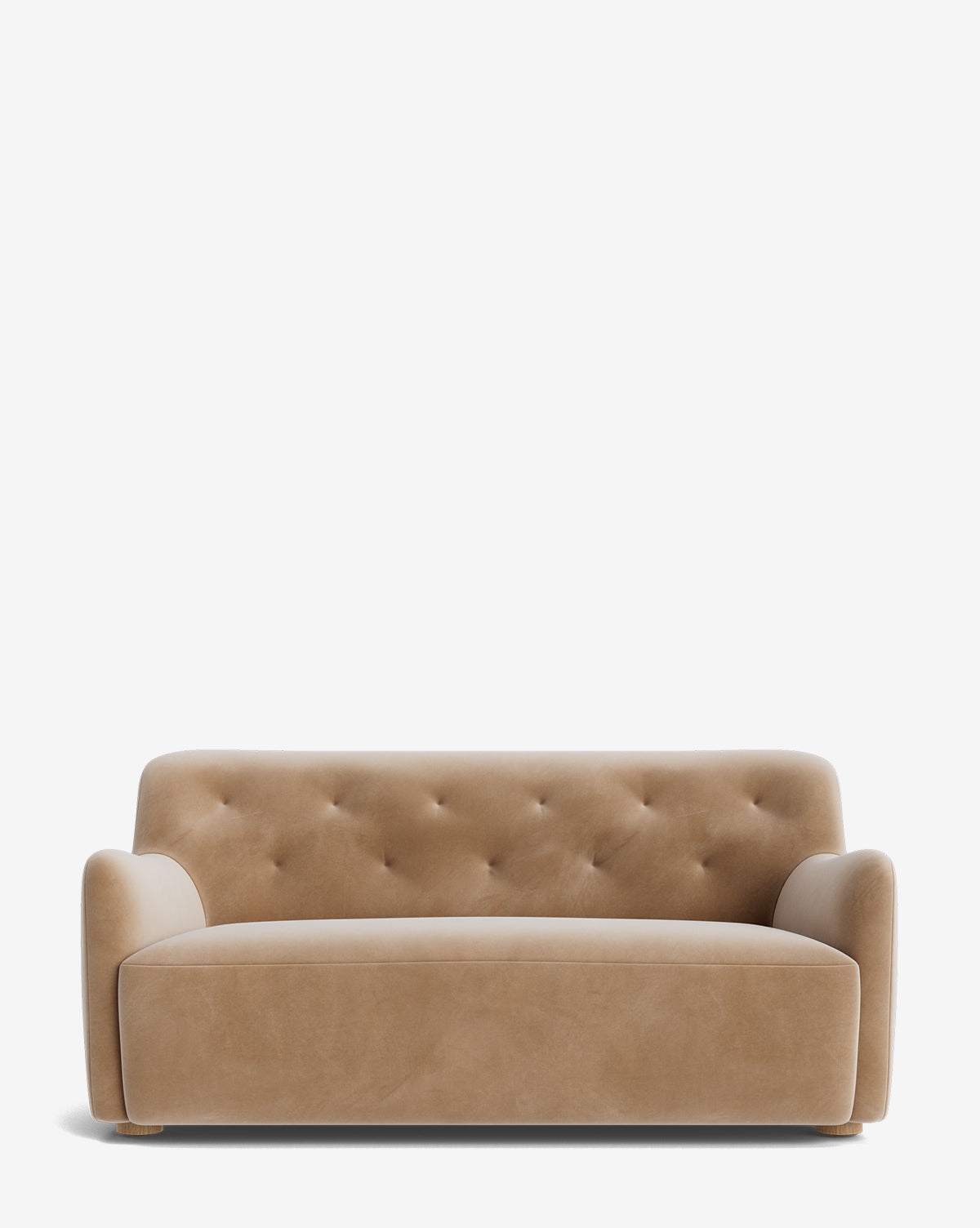 The Makerspalm Magda Settee 65.25, featuring beige designer upholstery, a tufted backrest, curved armrests, and soft fabric, sits against a plain white background. McGee & Co.