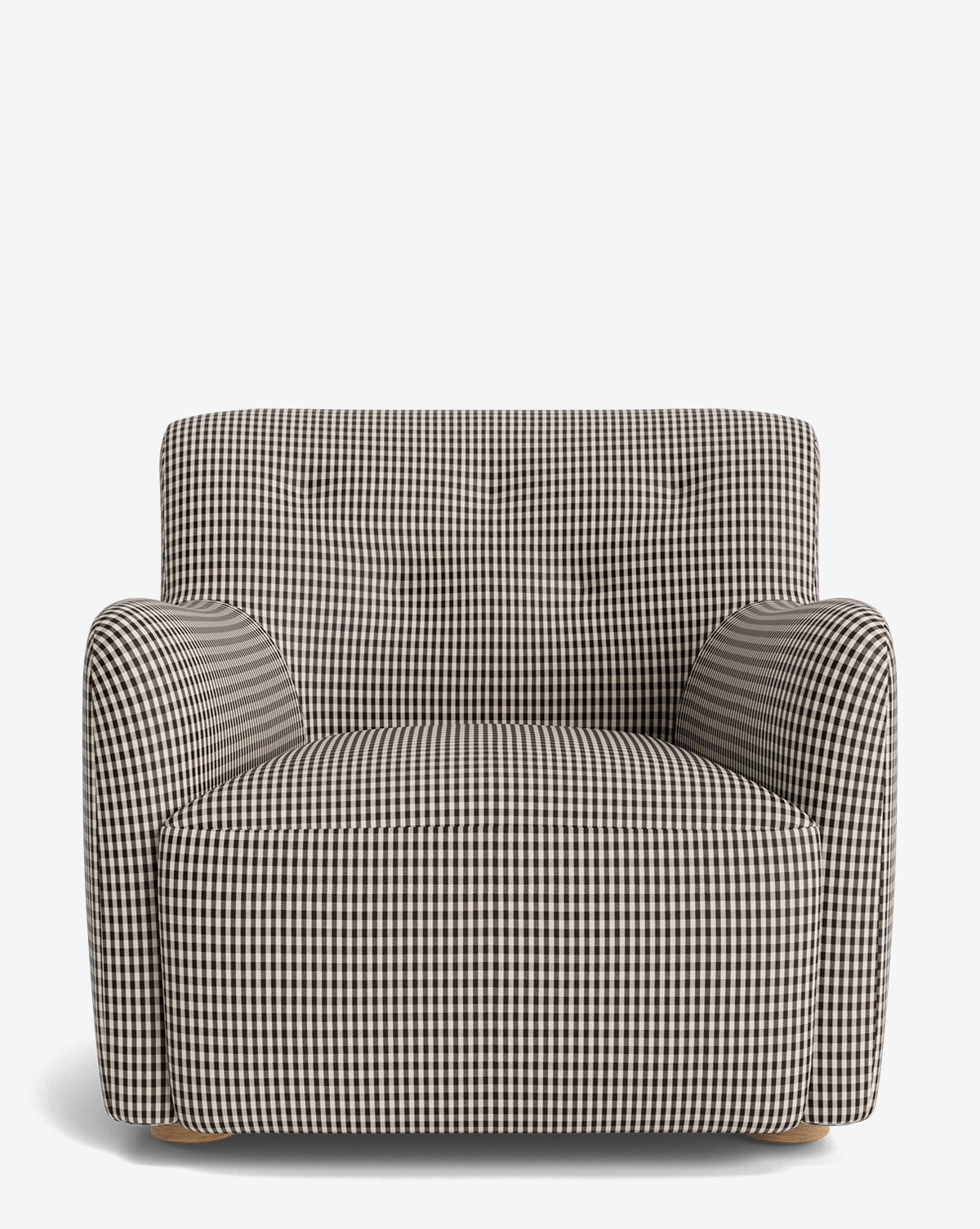 The Magda Lounge Chair, shown from the front against a plain white background, features rounded arms and designer black-and-white checkered upholstery by McGee & Co.