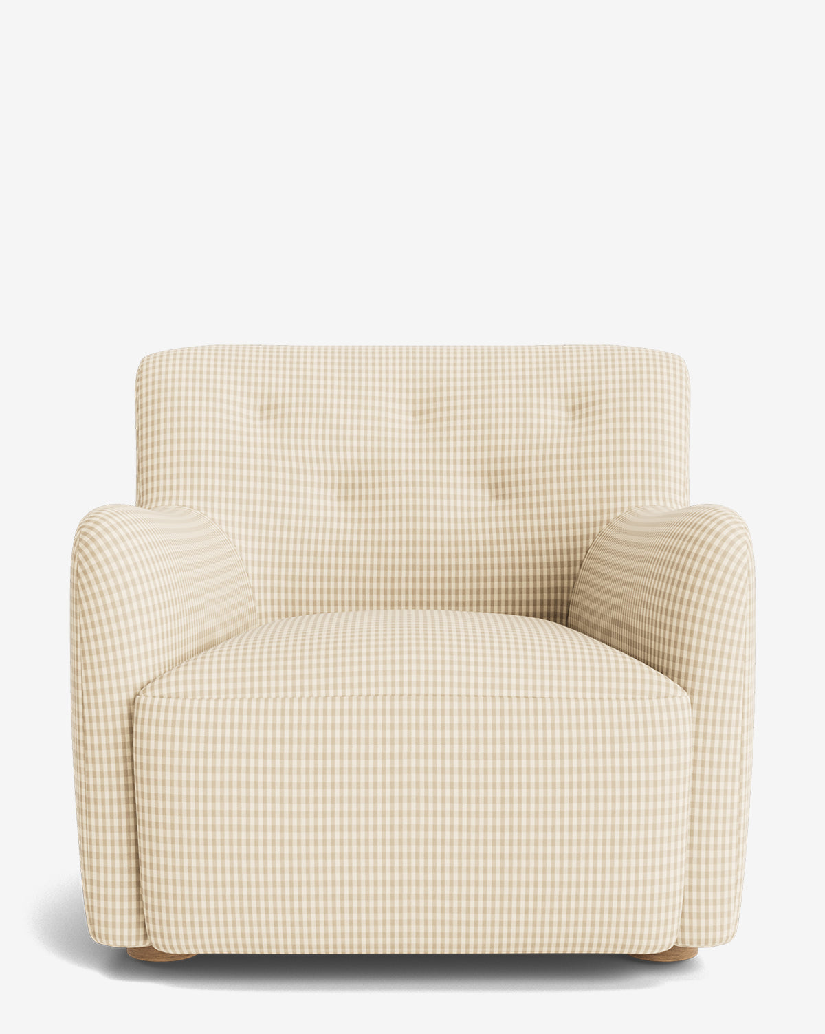 The Magda Lounge Chair is a wide seat with rounded arms, upholstered in beige and white gingham fabric with button tufting on the backrest, shown against a plain white background by McGee & Co.
