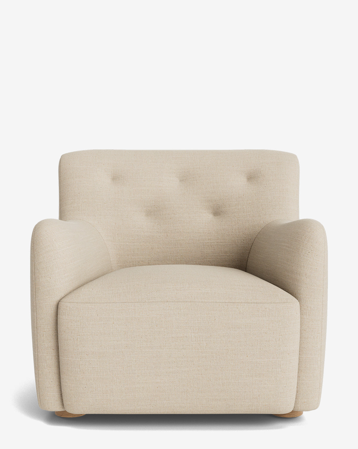 The Magda Lounge Chair features designer beige upholstery, wide arms, a tufted backrest, and rounded corners, shown against a plain white background by McGee & Co.