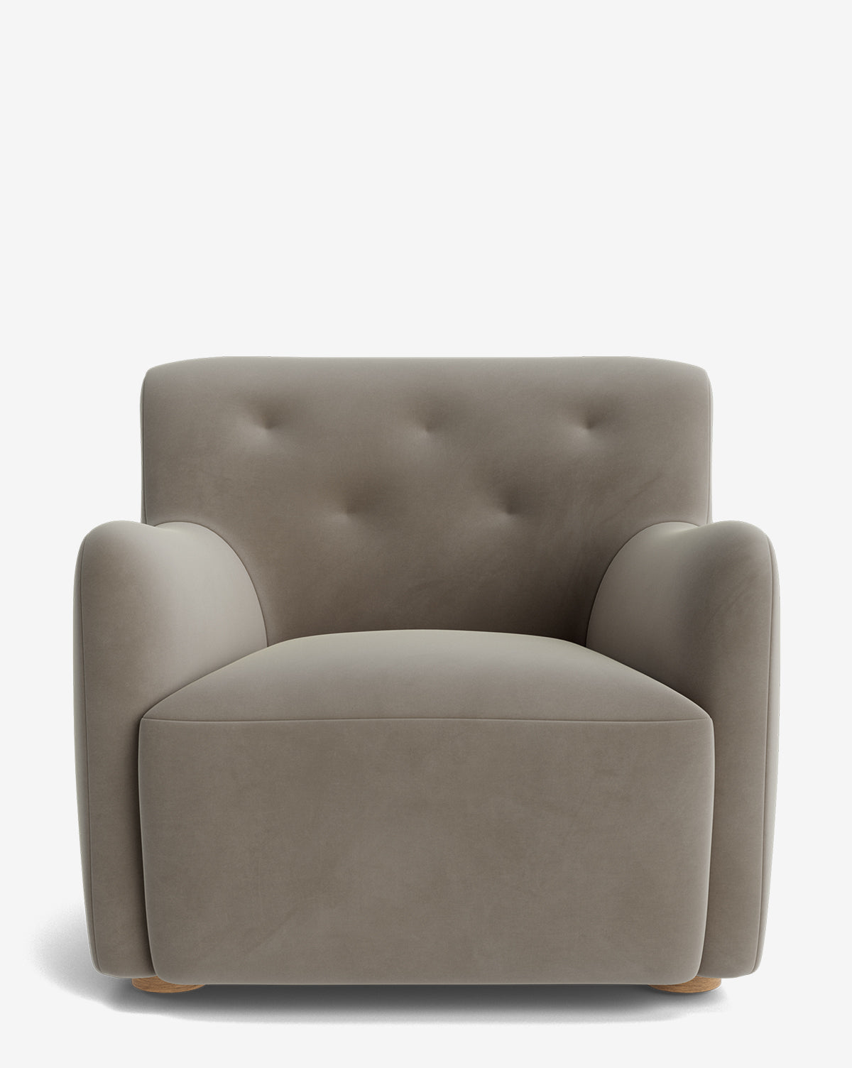 The Magda Lounge Chair features plush designer upholstery in light brown, a tufted backrest, rounded arms, and low wooden legs, all showcased against a white background by McGee & Co.