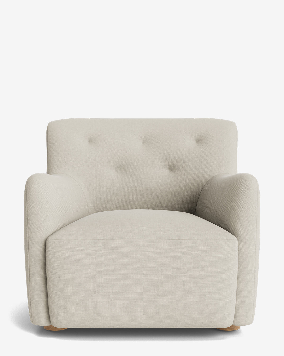 The Magda Lounge Chair is a modern, oversized cream seat with designer upholstery, wide seat, rounded arms, tufted backrest, and wooden feet, shown here against a plain white background by McGee & Co.