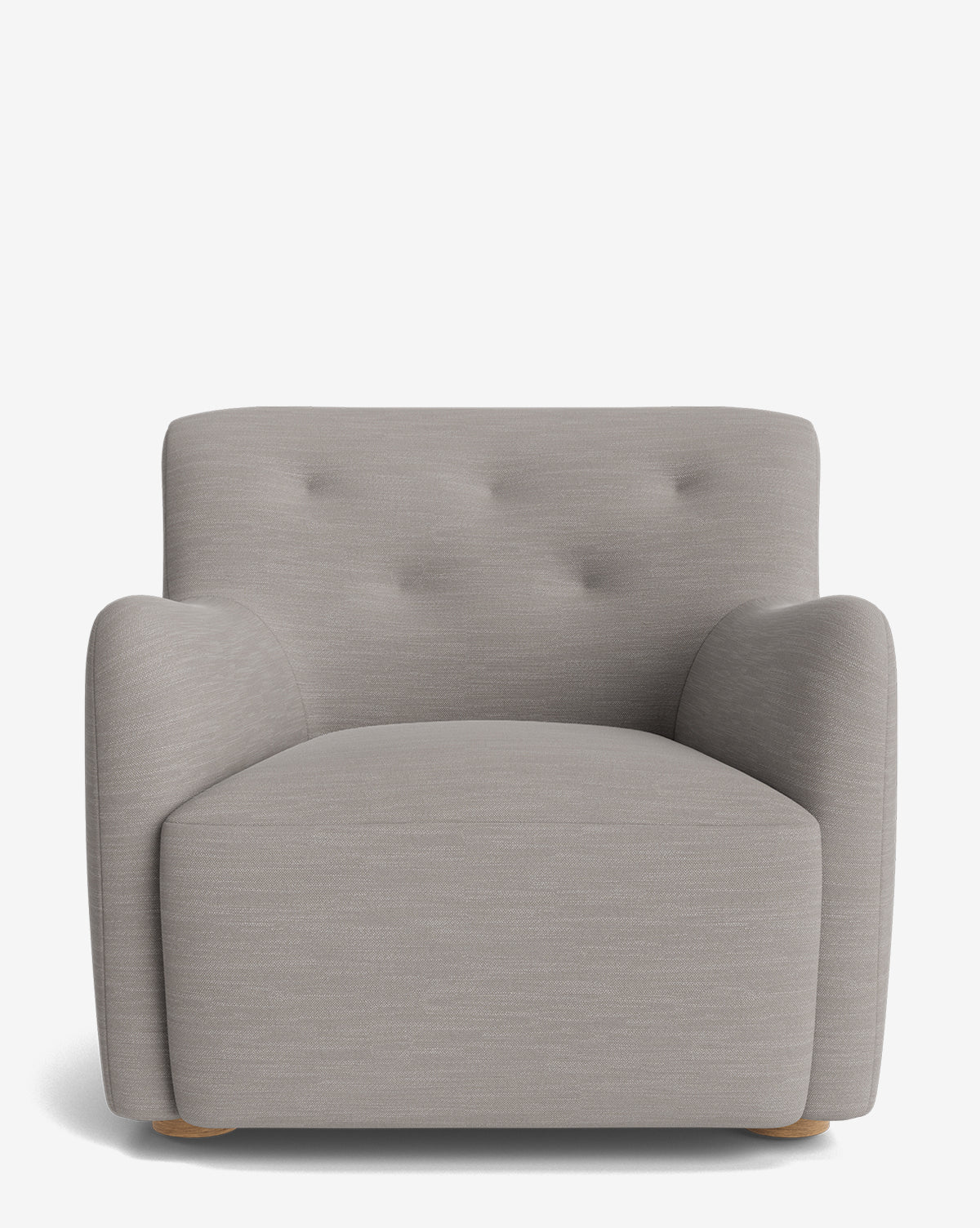 A front-facing view of the Magda Lounge Chair, showcasing light gray designer upholstery, rounded arms, a wide cushioned seat, tufted backrest, and low wooden feet against a plain white background by McGee & Co.