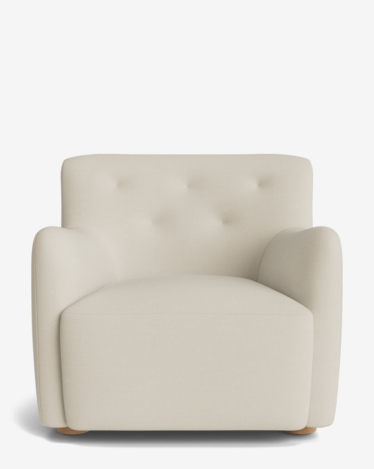The Magda Lounge Chair features designer off-white upholstery, a tufted backrest, curved arms, and wooden legs, shown against a plain white background by McGee & Co.