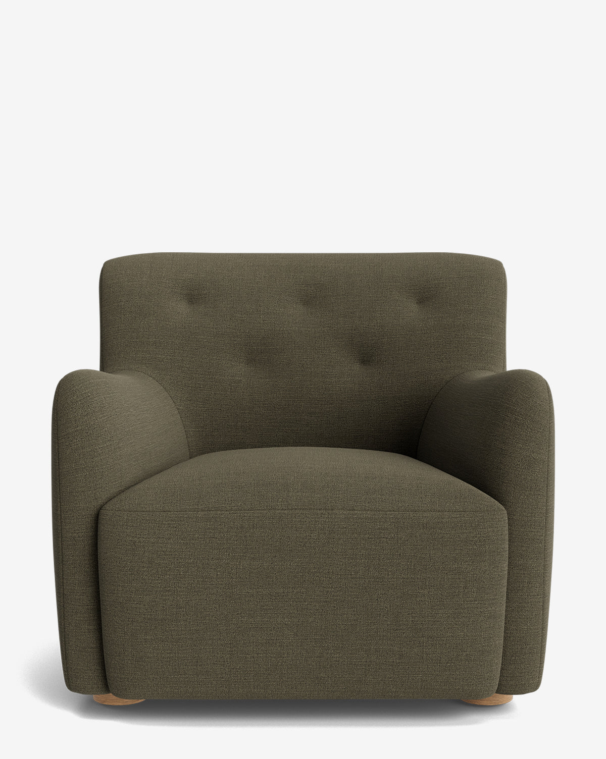 The Magda Lounge Chair is a modern, olive-green seat with designer upholstery, a wide seat, tufted backrest, rounded armrests, and short wooden legs, all set against a plain white background by McGee & Co.
