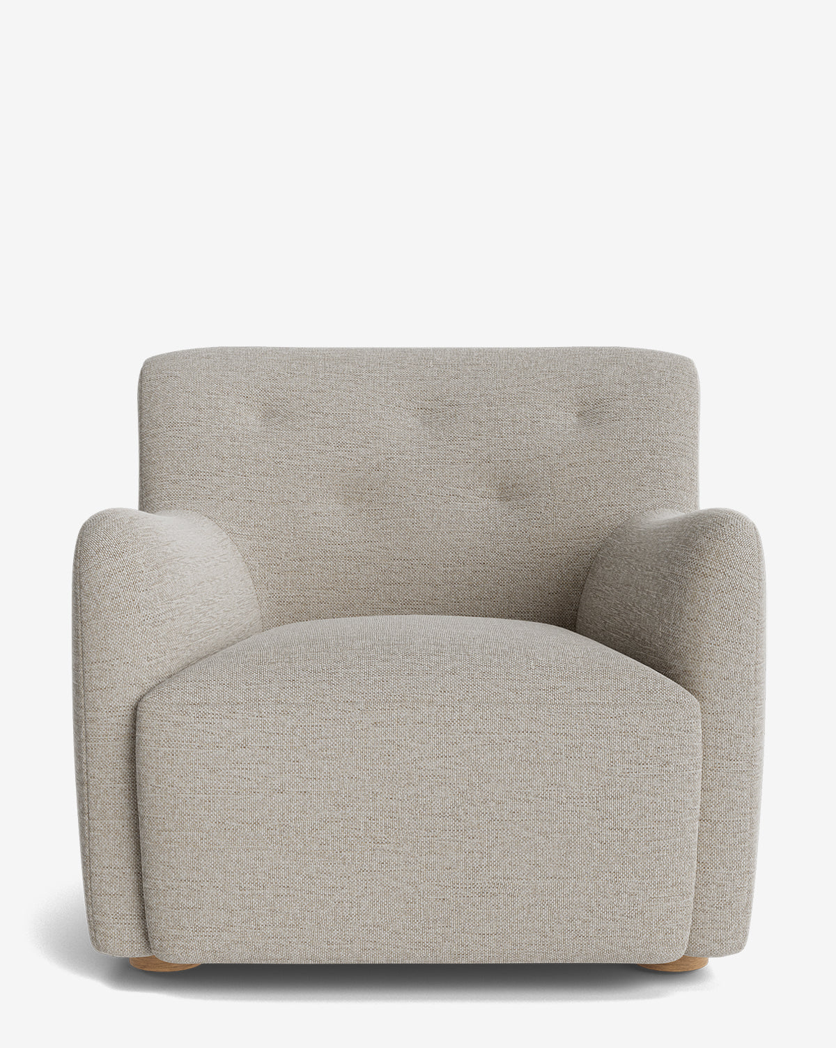 Front view of the Magda Lounge Chair featuring light beige designer upholstery, soft rounded edges, a low white oak frame, and subtle tufted detailing on the backrest, by McGee & Co.