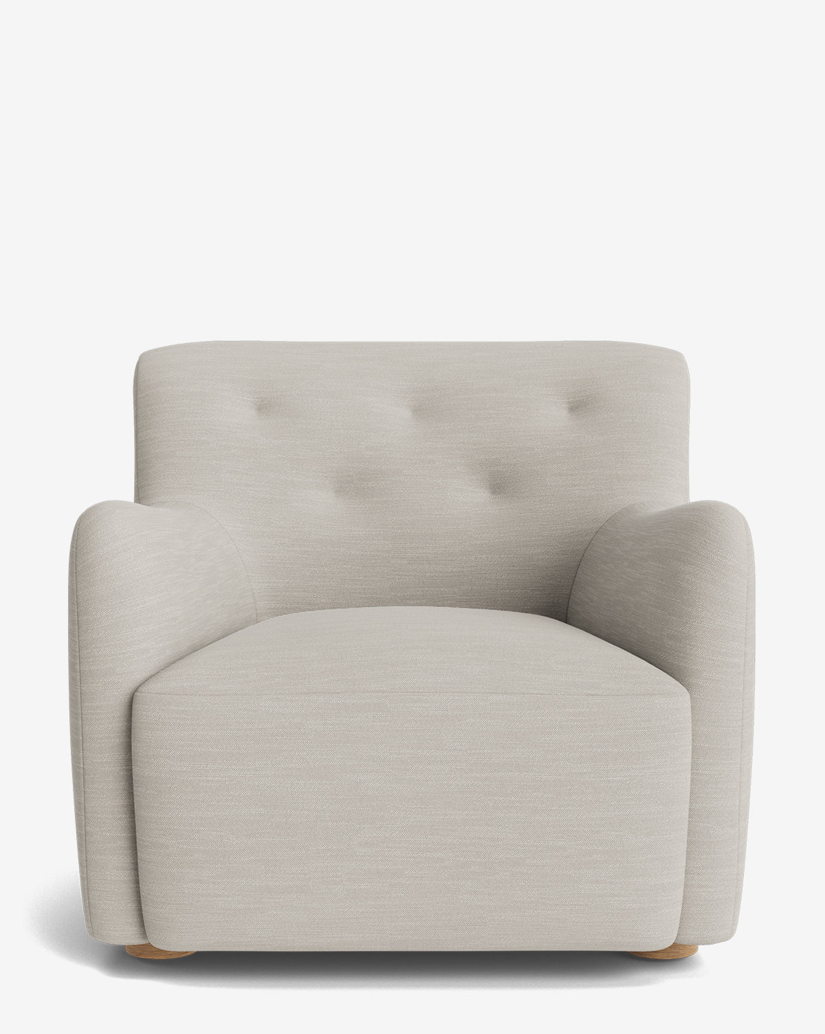 The Magda Lounge Chair features light beige designer upholstery, rounded arms, a deep seat, subtle button tufting on the backrest, and a sleek white oak frame, all shown against a plain white background by McGee & Co.