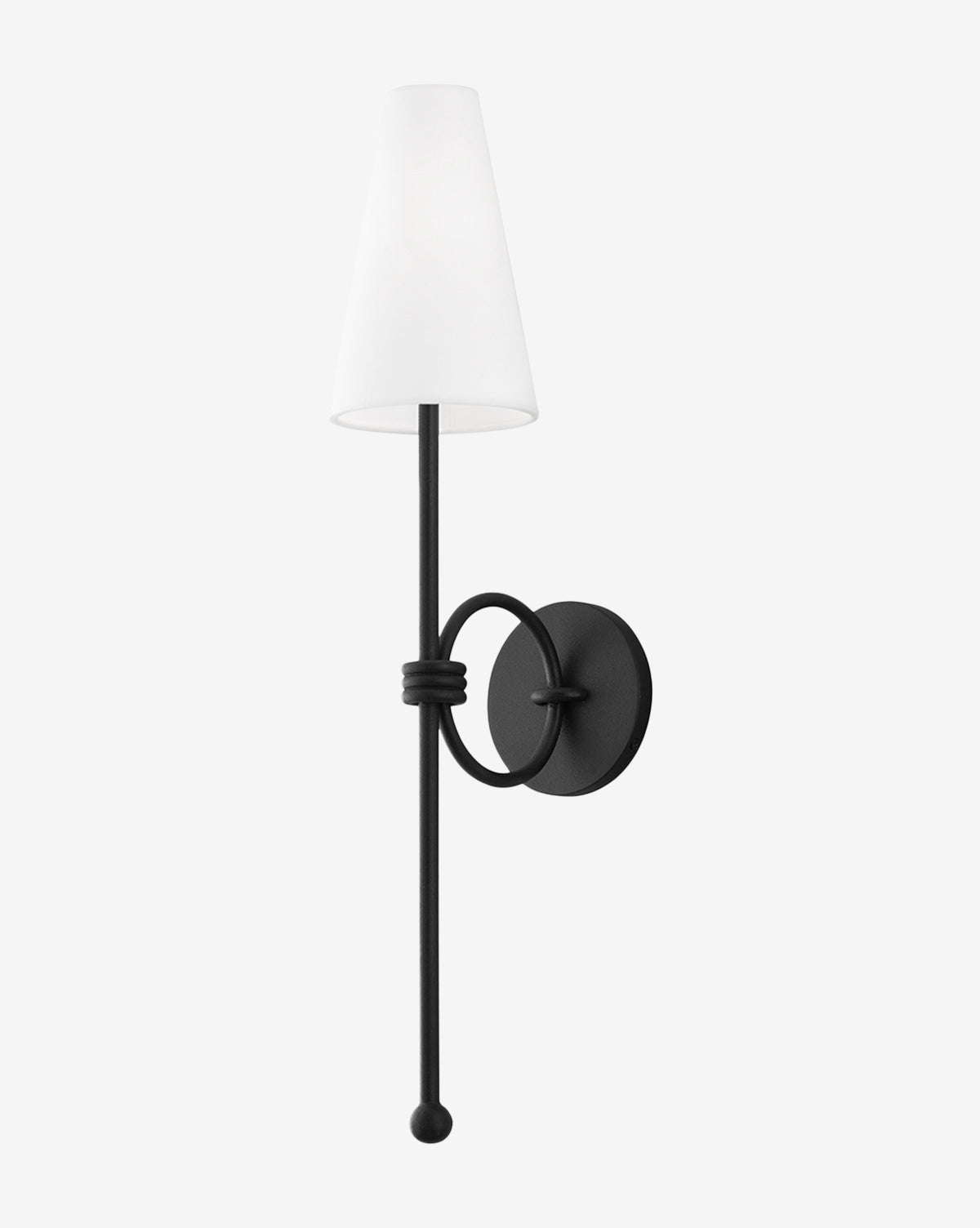 The Magnus Wall Sconce by Troy Lighting is a modern black metal fixture with a round base, slim vertical rod, and cone-shaped white linen shade, shown against a plain white background. McGee & Co.