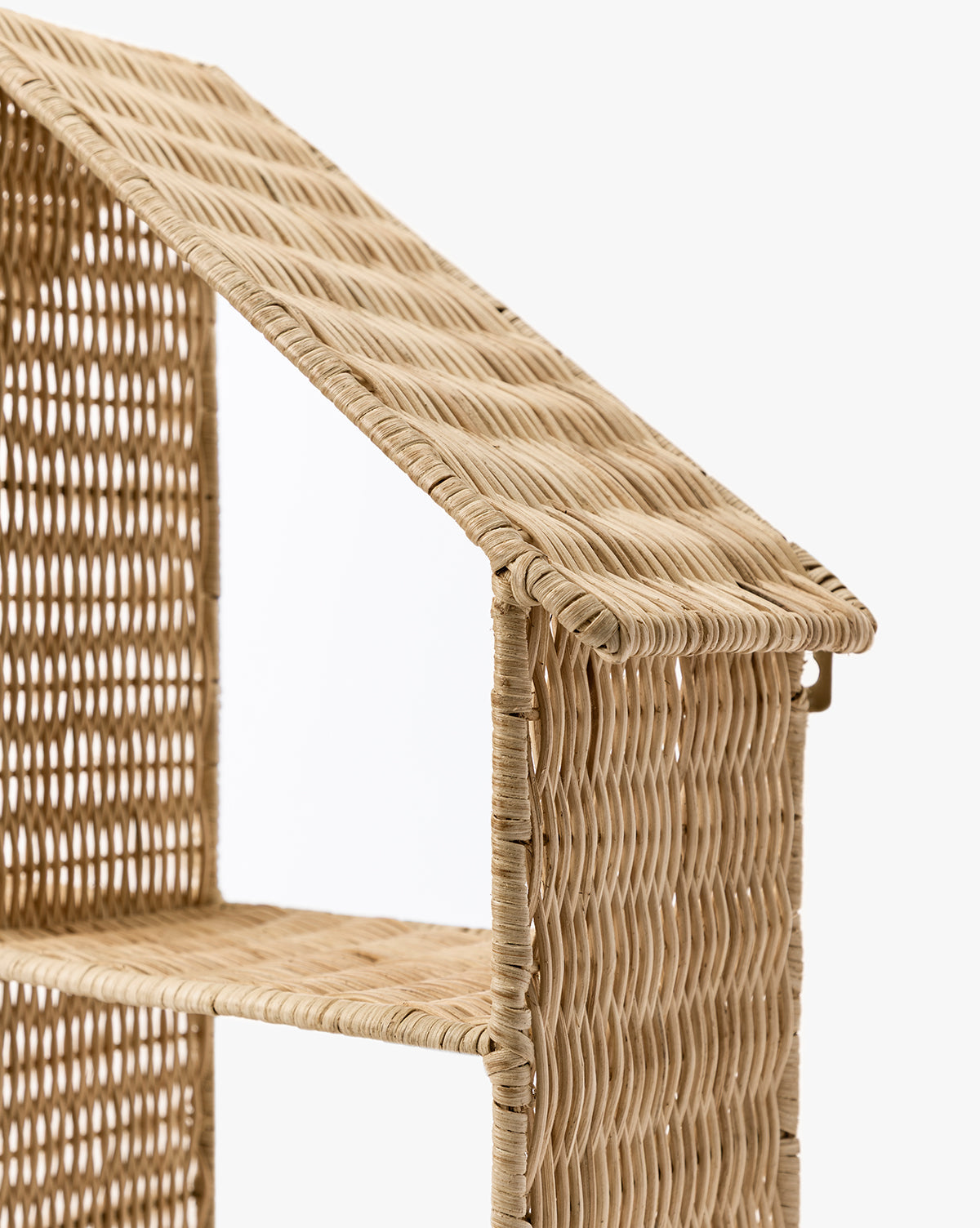 Side view of the Maison Shelf, a house-shaped shelf featuring a pitched roof and open shelves in a natural finish, displayed against a plain white background, by McGee & Co.