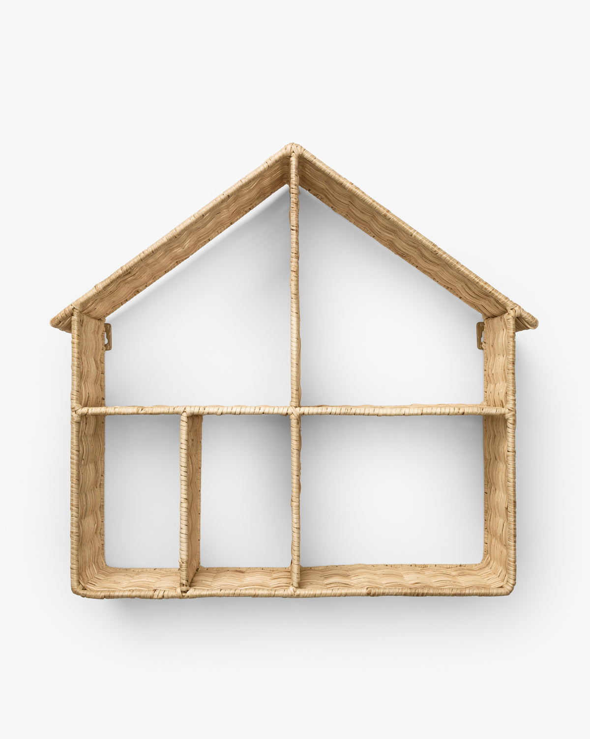 The Maison Shelf, a house-shaped design with a natural finish, features a pitched roof and multiple compartments and is shown against a plain white background by McGee & Co.