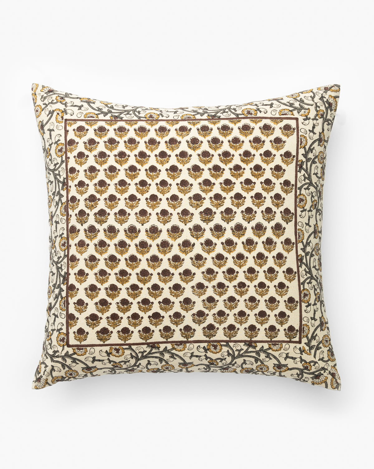 The Malik Linen Pillow Cover is a square, traditional decorative cover featuring brown and gold floral motifs on a cream background with an ornate gray and gold vine border. Made from premium cotton, it brings elegance to any space, by McGee & Co.