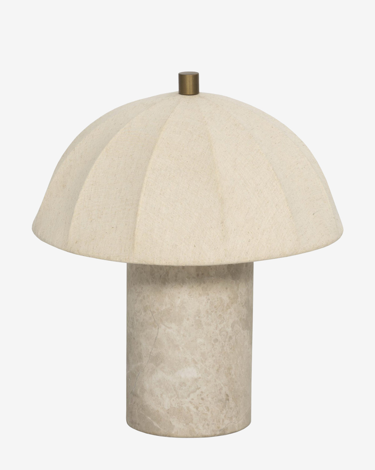 The Malinska Table Lamp by Four Hands features a mushroom-inspired round flax-linen shade and a cylindrical light taupe marble base, shown against a plain white background. McGee & Co.