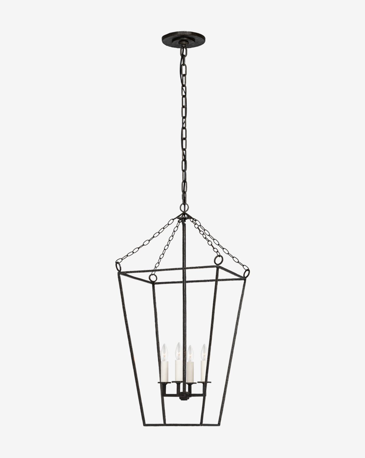 The Malloy Open Frame Forged Lantern is a black metal candelabra chandelier with a geometric open-frame design, hanging by a chain and featuring four candle-style bulbs inside, by McGee & Co.