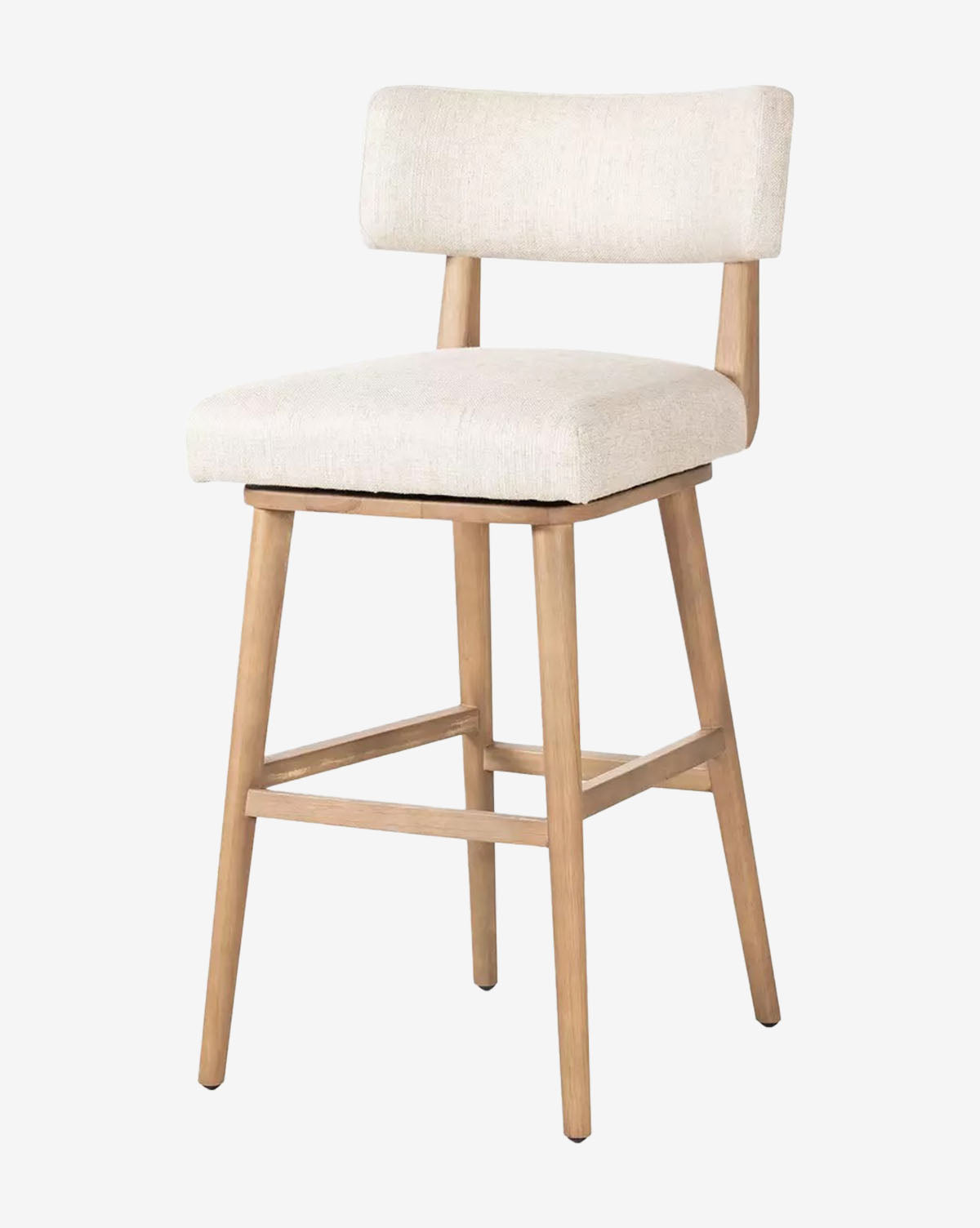The Mance Swivel Stool by Four Hands features a minimalist design with light wood legs and a beige upholstered seat and backrest, shown against a plain white background. McGee & Co.