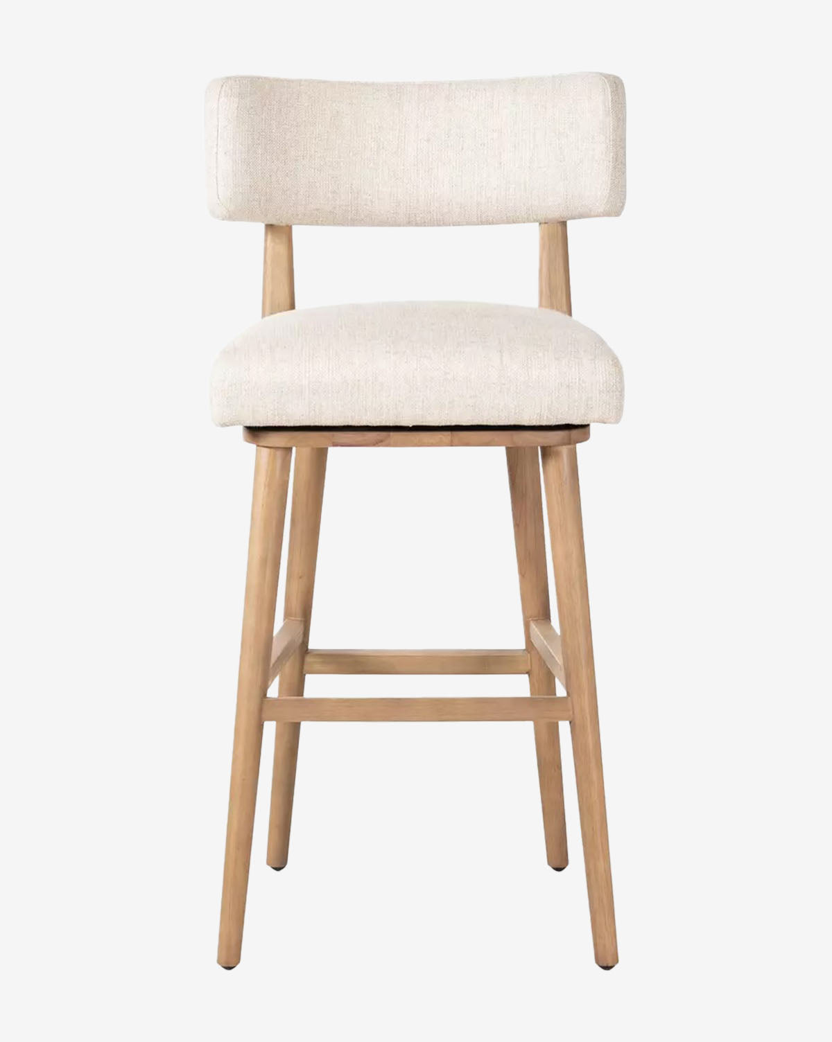 The Mance Swivel Stool by Four Hands features a wooden frame with four legs, a light beige upholstered seat, and a matching cushioned backrest, displayed against a plain white background. McGee & Co.