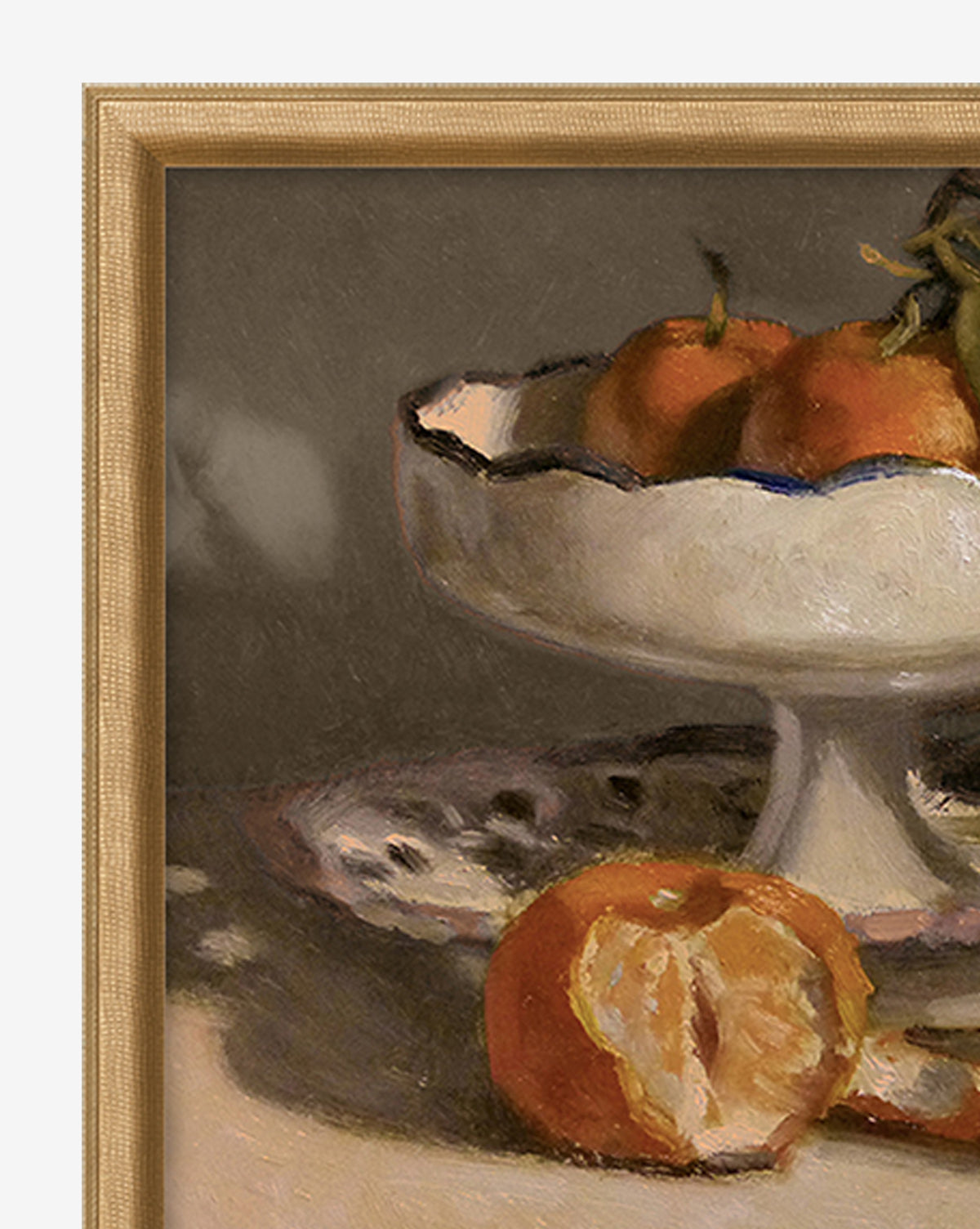 Manderine Still Life by Pascal Giroud features a white ceramic bowl filled with orange mandarins, one partially peeled in front, elegantly framed in light wood.
