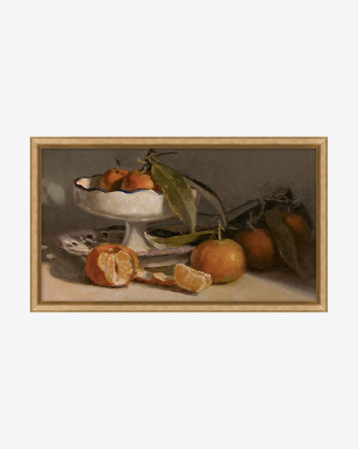 Manderine Still Life by Pascal Giroud is a framed artwork depicting orange mandarins, some with leaves, arranged on a white pedestal dish. A peeled tangerine and segments rest in the foreground on a light surface.