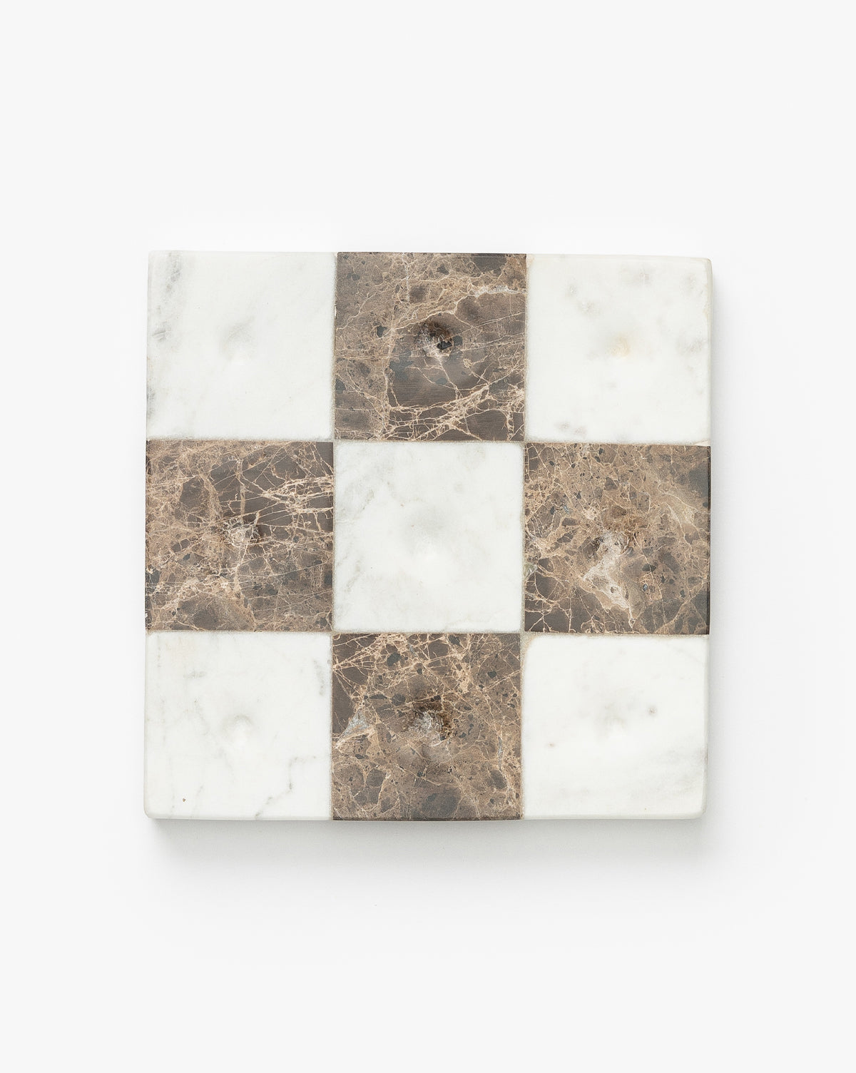 Marble Tic-Tac-Toe Board features a 3x3 grid of alternating white and brown marble squares in a checkerboard pattern, making it ideal for games or as elegant coffee table decor on a plain white background.