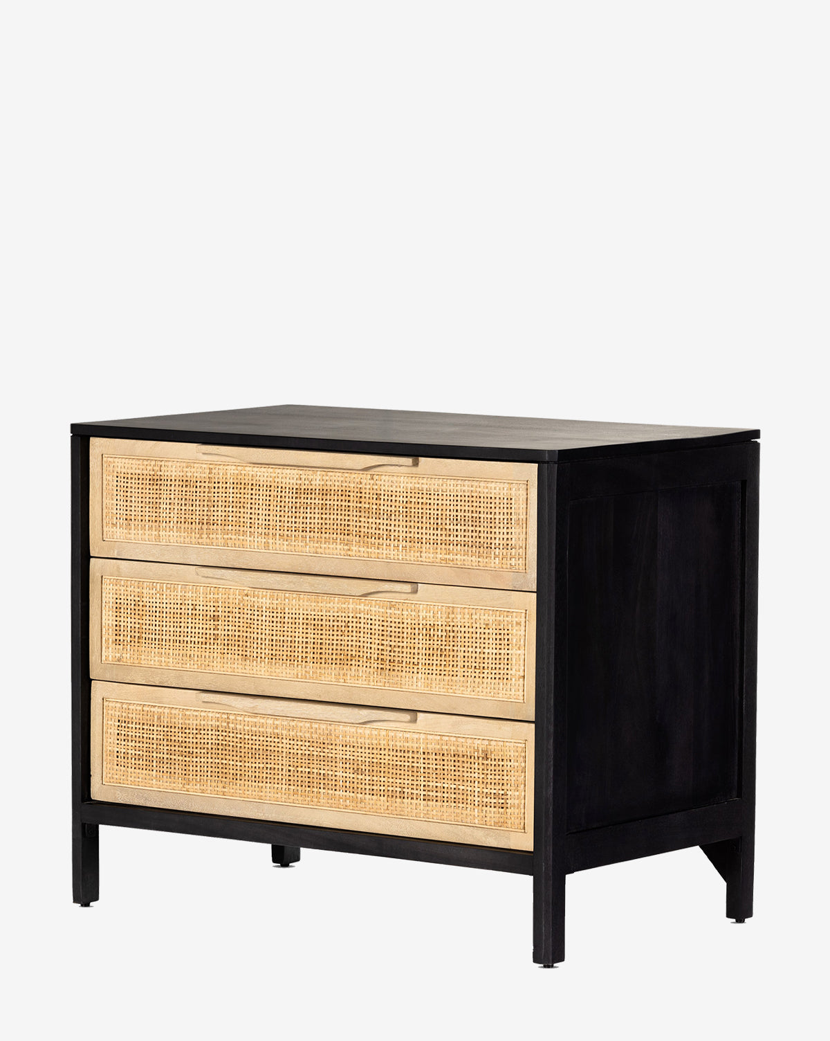 The Margaery Nightstand is a black wooden piece with three drawers, each featuring a woven rattan front and natural wood trim, combining refined style with practicality, displayed against a plain white background by McGee & Co.