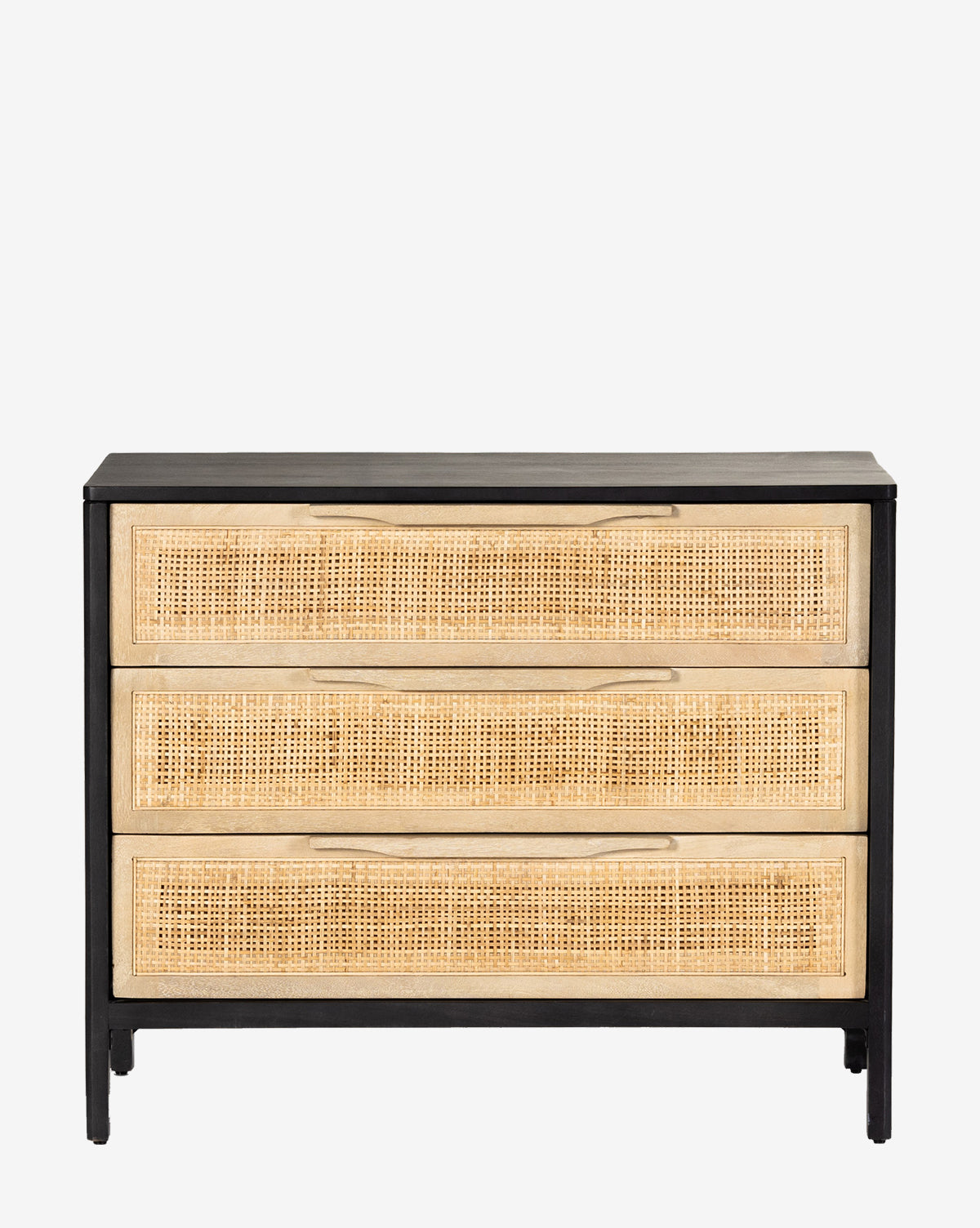 The Margaery Nightstand is a black wooden dresser with three spacious drawers, each adorned with woven rattan panels on the front, shown against a plain white background by McGee & Co.