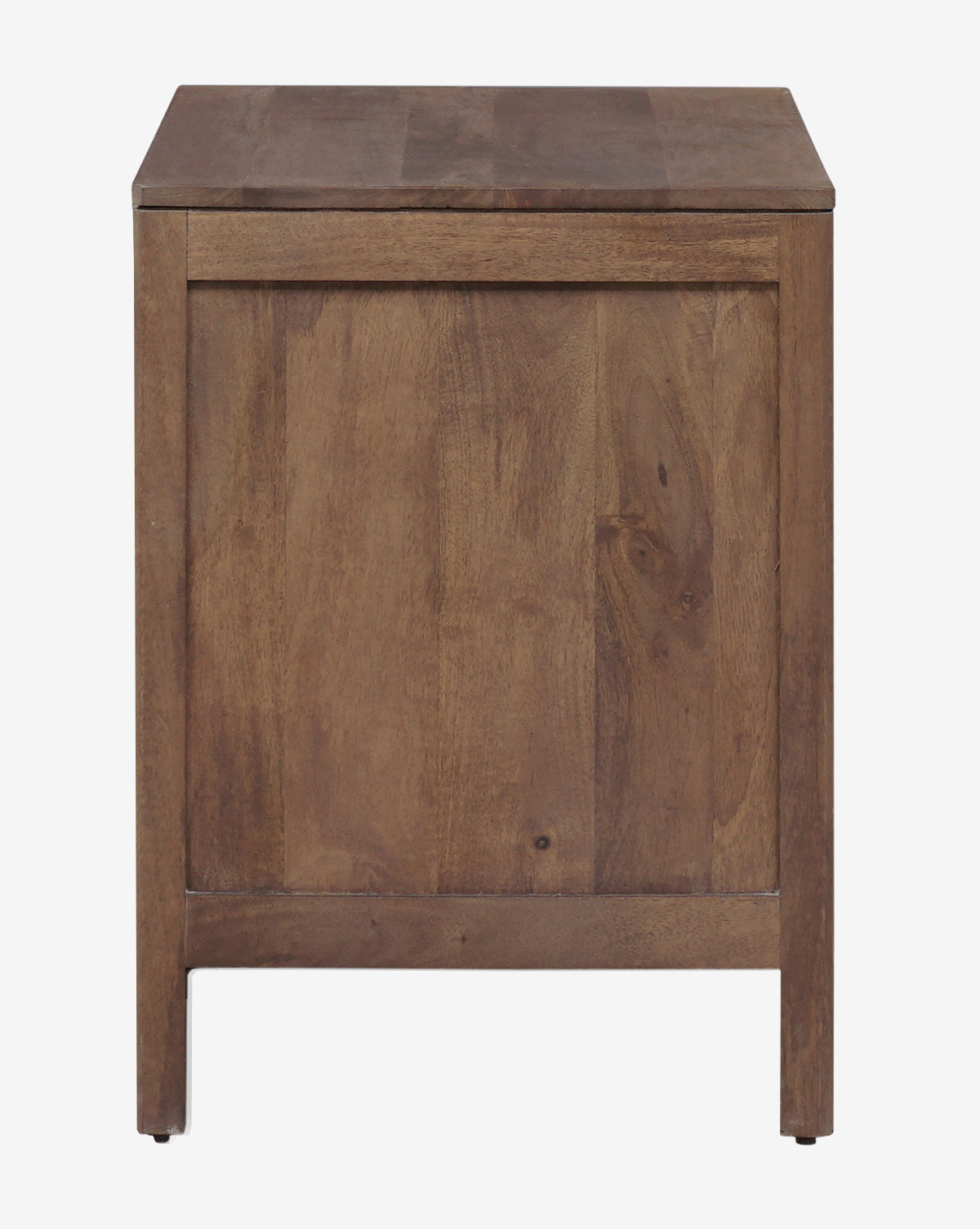 A front-facing view of the Margaery Nightstand, a simple, square solid wood piece with a flat top, natural brown finish, plain panel design, and short legs by McGee & Co.