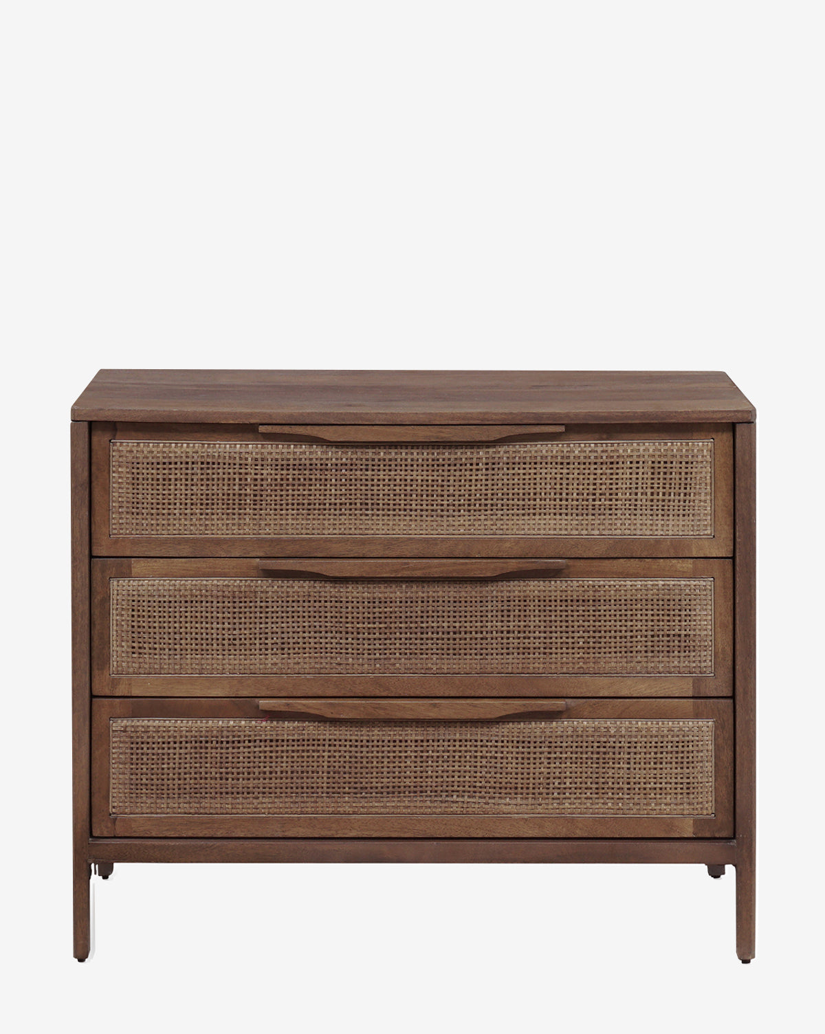 The Margaery Nightstand features three drawers with rattan front panels and slim horizontal handles, all set on short legs, by McGee & Co. It is displayed against a plain white background.