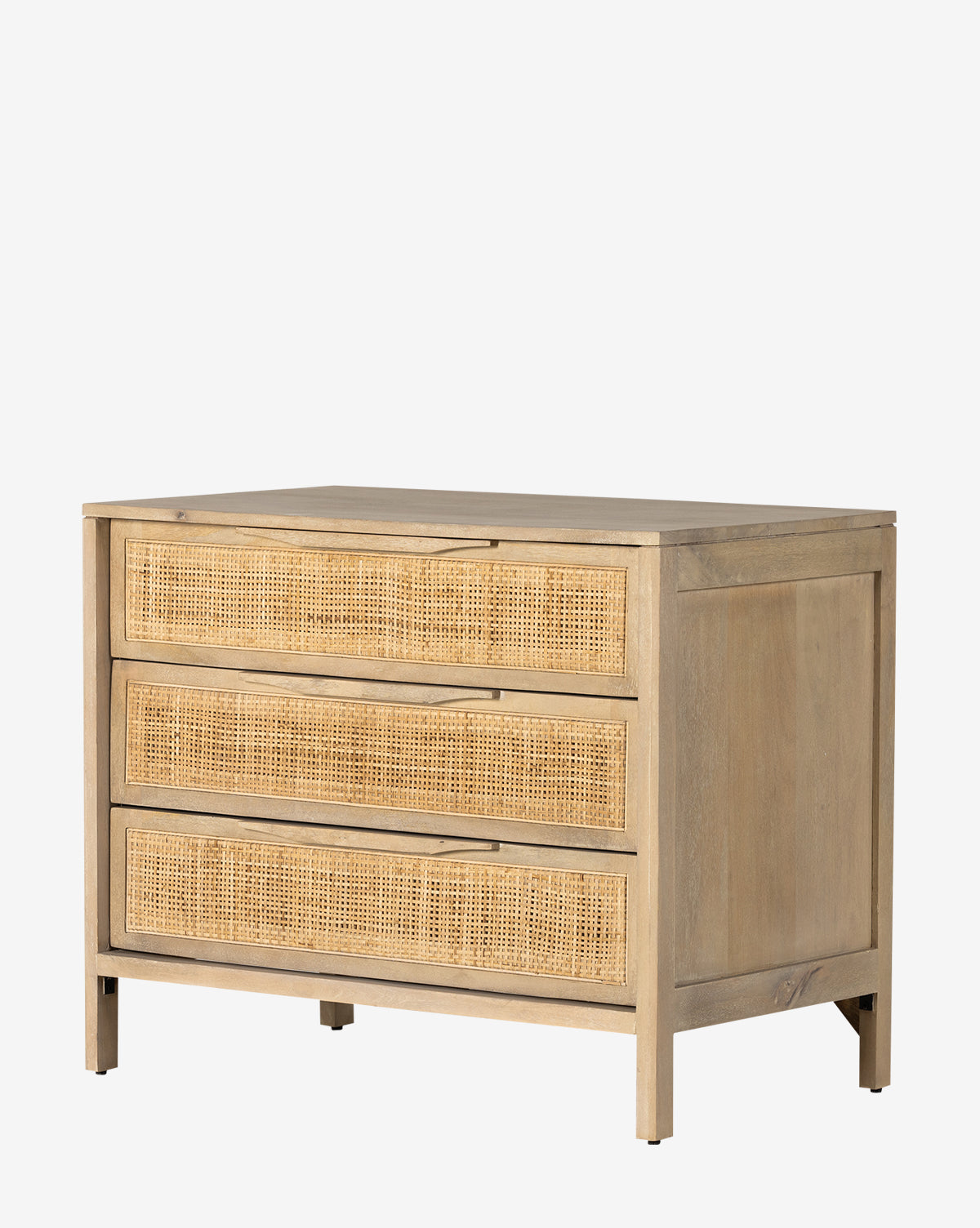 The Margaery Nightstand is a solid wood piece with a light brown finish, featuring three drawers with woven rattan fronts and hidden handles, set on short straight legs, shown here against a white background, by McGee & Co.