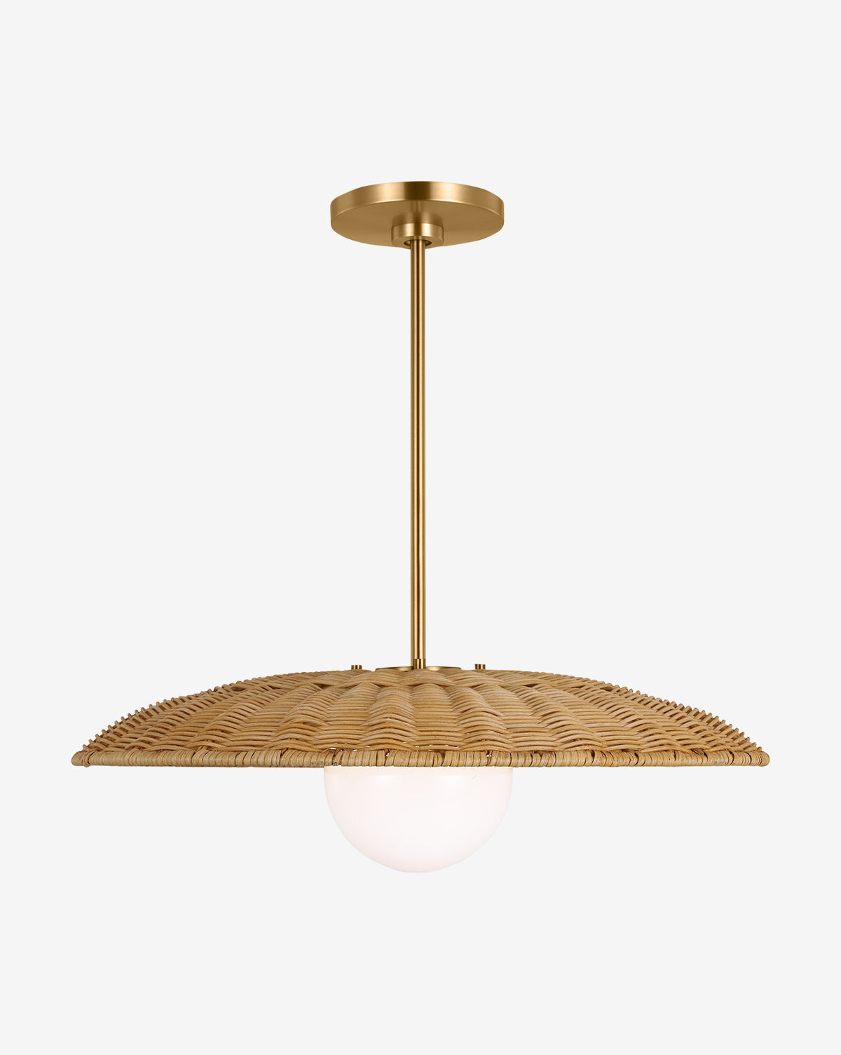 The Mari Pendant by Visual Comfort Studio - Generation Lighting features a round brass mount, slim brass stem, woven rattan shade, and a white globe bulb inspired by classic milk glass pendants. McGee & Co.