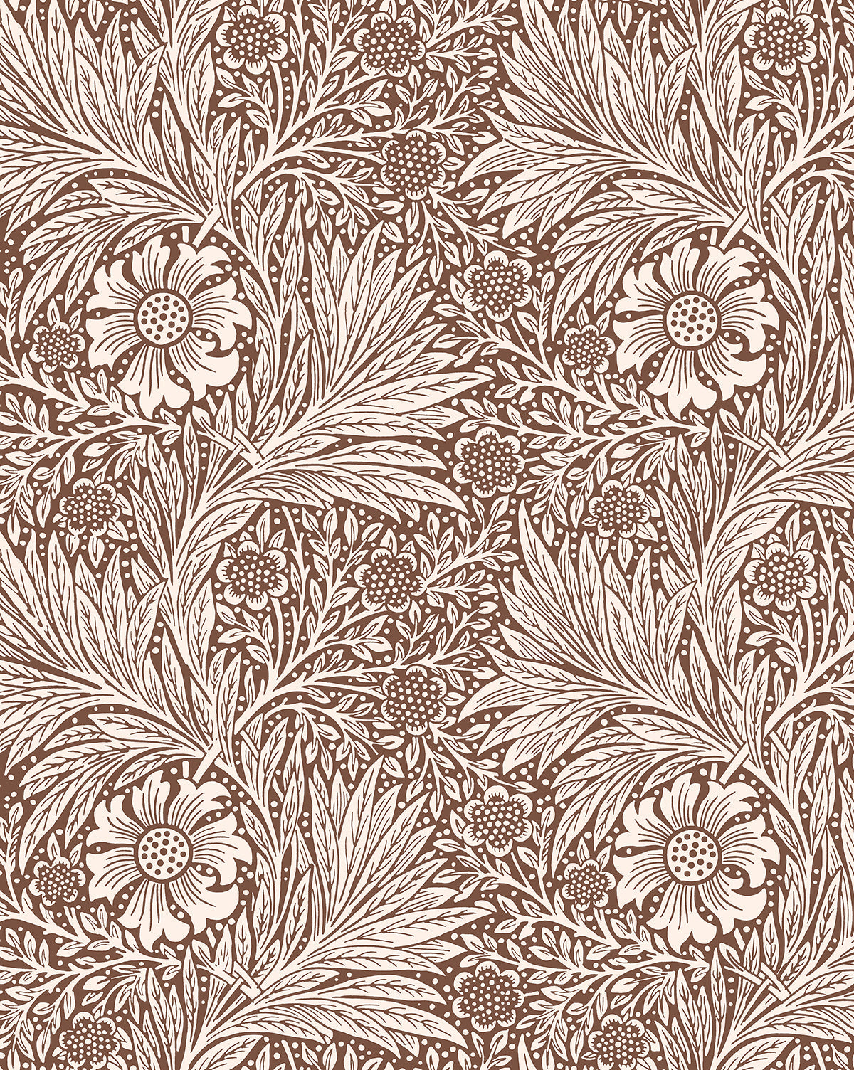 The Morris & Co. x McGee & Co. Marigold Umber Wallpaper by Sanderson Design Group, Inc. features white floral and leafy motifs on a brown background, echoing Morris & Co.s classic botanical designs with intricate stylized flowers and branches by McGee & Co.