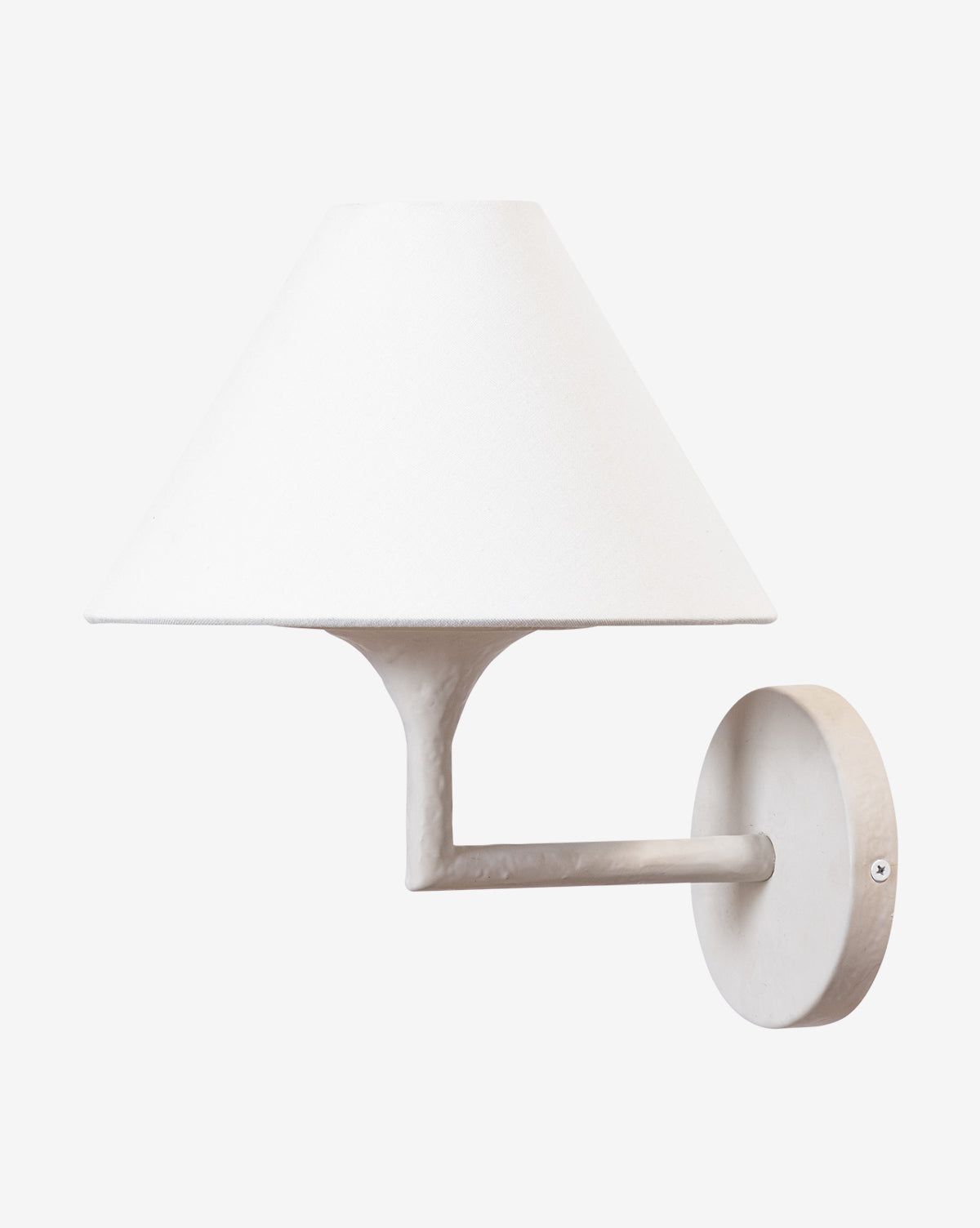 The Makerspalm Marilyn Sconce is a white, wall-mounted fixture with a round base and cone linen shade on a short, angled arm, shown against a plain white background. McGee & Co.