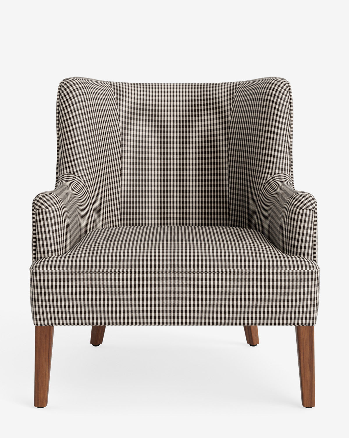 Front view of the Marion Lounge Chair featuring black and white checkered custom upholstery, a wide seat, slightly flared arms, and wooden legs, set against a white background by McGee & Co.