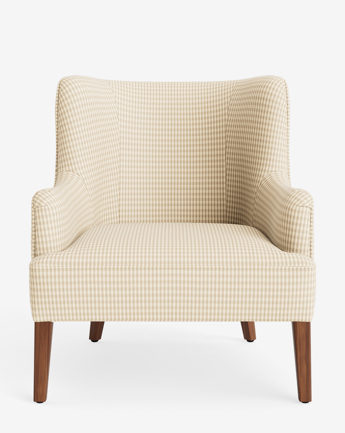 The Marion Lounge Chair showcases its beige and white checkered upholstery and wooden legs, presented from the front on a plain white background, by McGee & Co.