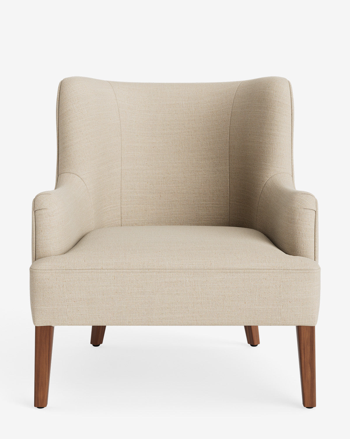 The Marion Lounge Chair offers custom beige performance upholstery, a high back, curved armrests, and wooden legs, styled against a white background by McGee & Co.