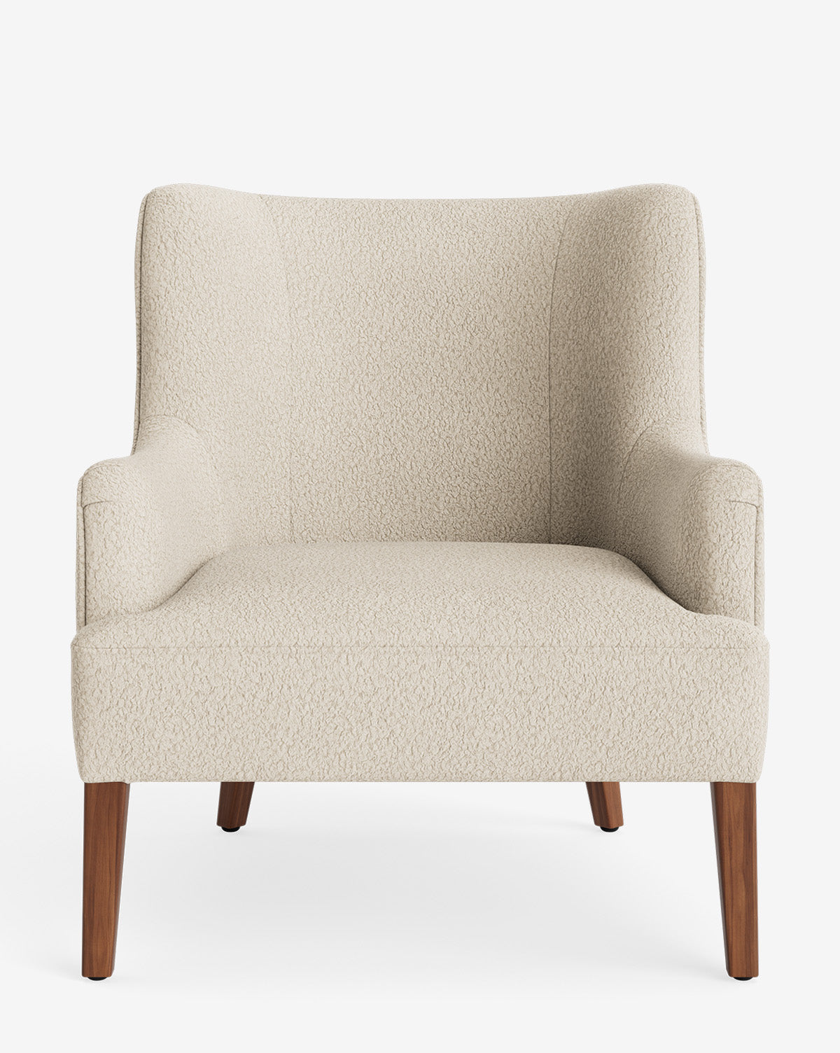 The Marion Lounge Chair is a modern armchair with performance fabric upholstery, high back, slightly curved armrests, and wooden legs, by McGee & Co. Shown in beige against a white background.