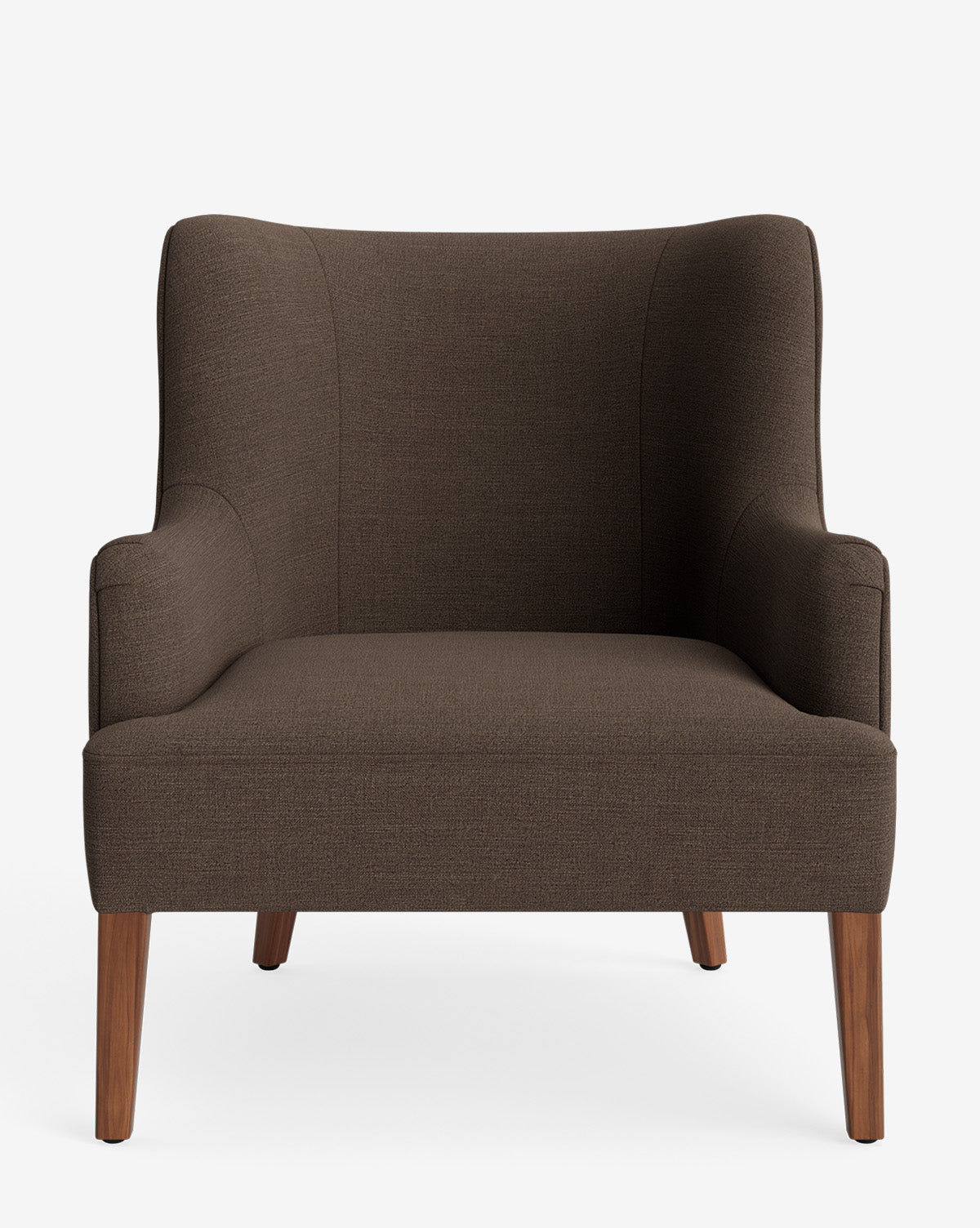 The Marion Lounge Chair is a modern, wide brown armchair with curved armrests, wooden legs, and textured performance fabric upholstery, shown from the front against a plain white background by McGee & Co.