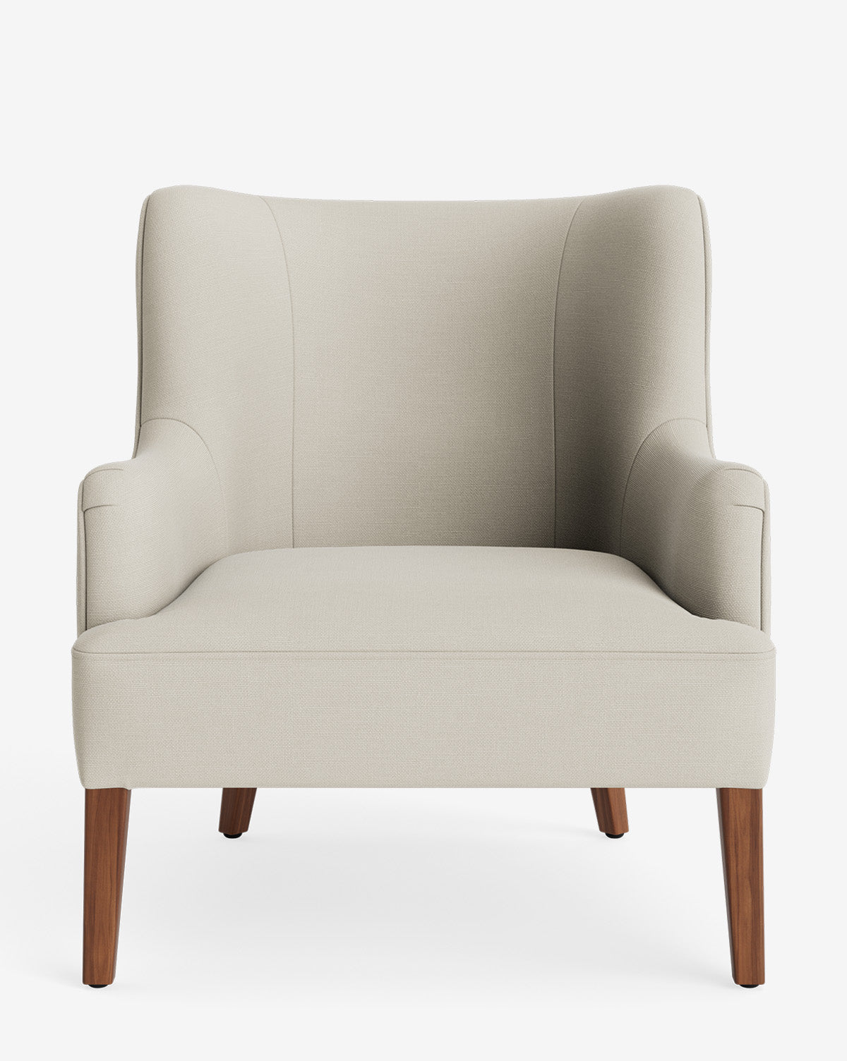 The Marion Lounge Chair, shown from the front on a white background, features curved armrests, a wide seat, four wooden legs, and light beige performance fabric, by McGee & Co.