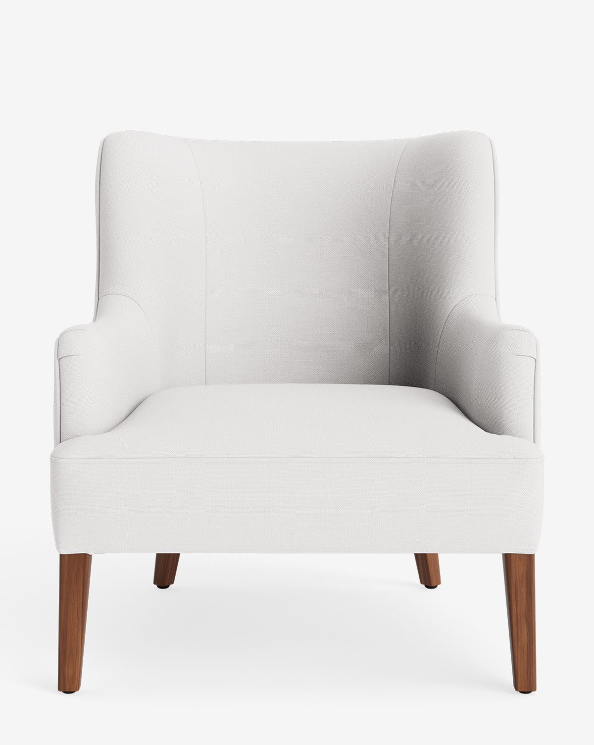 The Marion Lounge Chair is shown against a plain white background, featuring light gray performance fabric, slightly flared arms, and four angled wooden legs by McGee & Co.