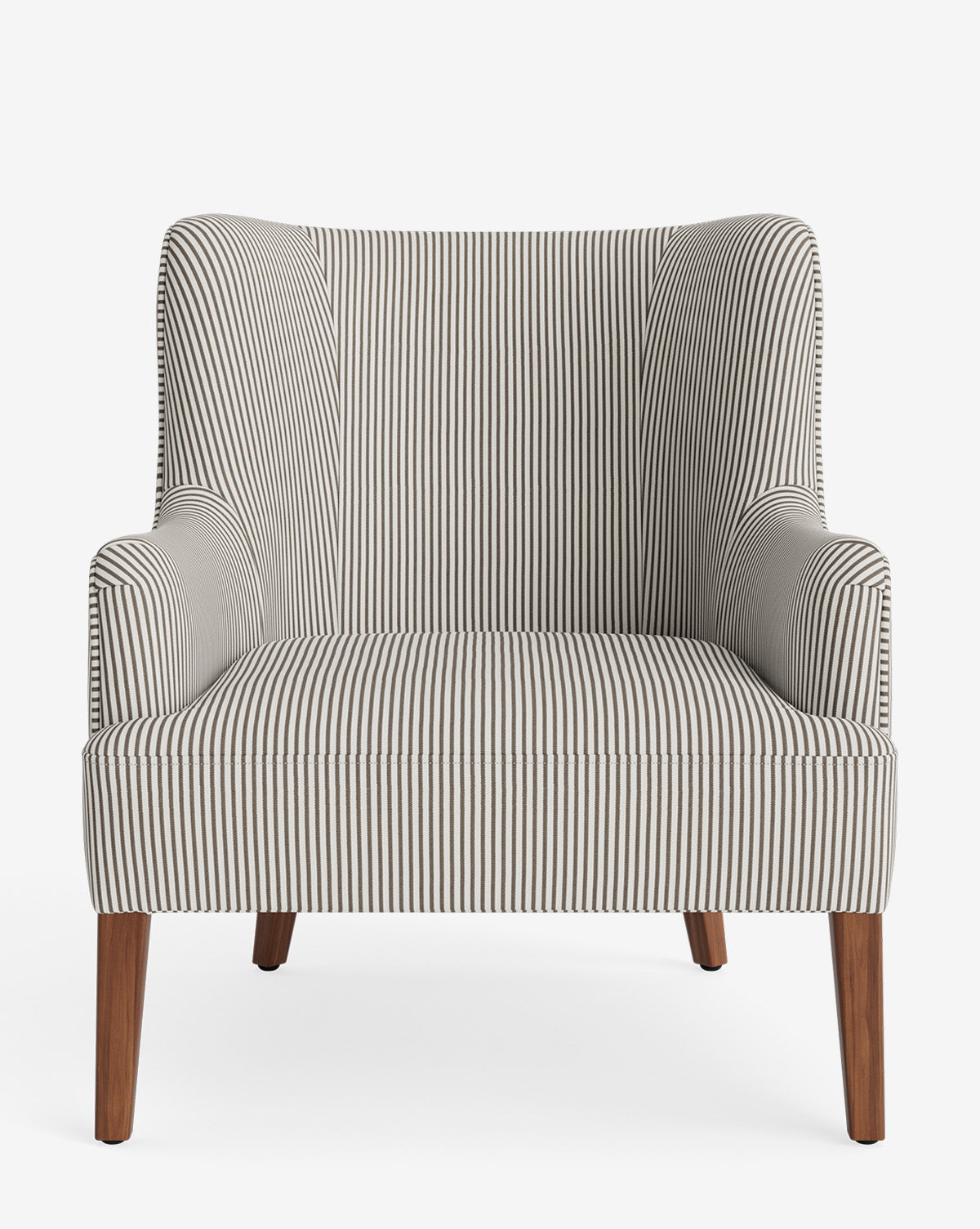 The Marion Lounge Chair features narrow black and white vertical stripes, wooden legs, wide curved armrests, and is available in custom upholstery or performance fabrics for lasting comfort, by McGee & Co.