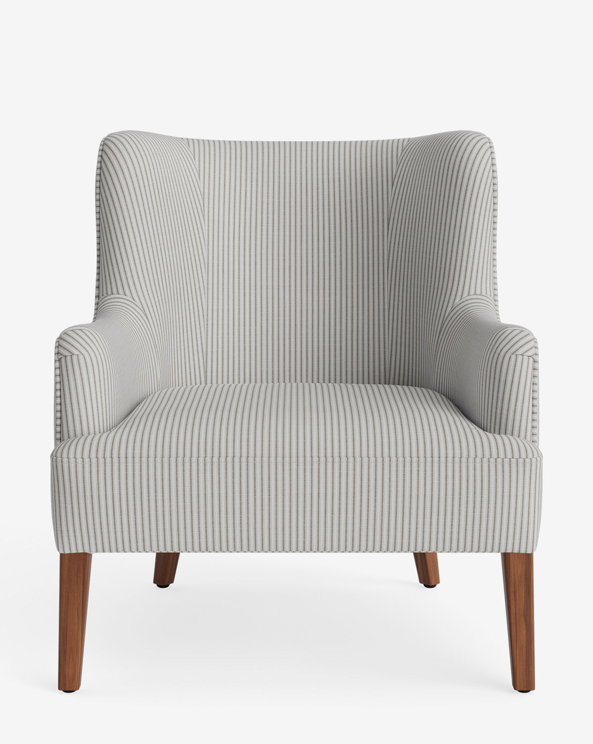 The Marion Lounge Chair features a front view with light gray and white vertical stripes, curved armrests, wooden legs, and custom performance fabric upholstery for enhanced durability, by McGee & Co.