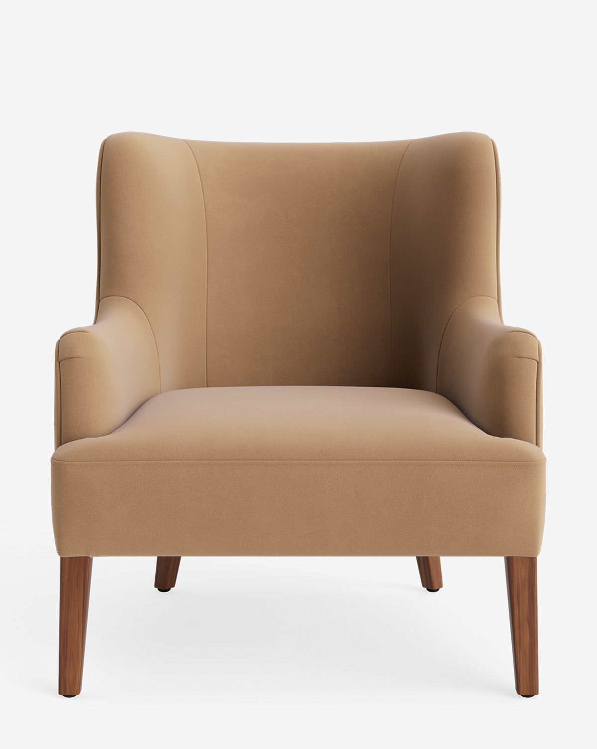 The Marion Lounge Chair, shown against a white background, features tan upholstery, curved armrests, a high back, and wooden legs—crafted with performance fabrics for durability and comfort, by McGee & Co.