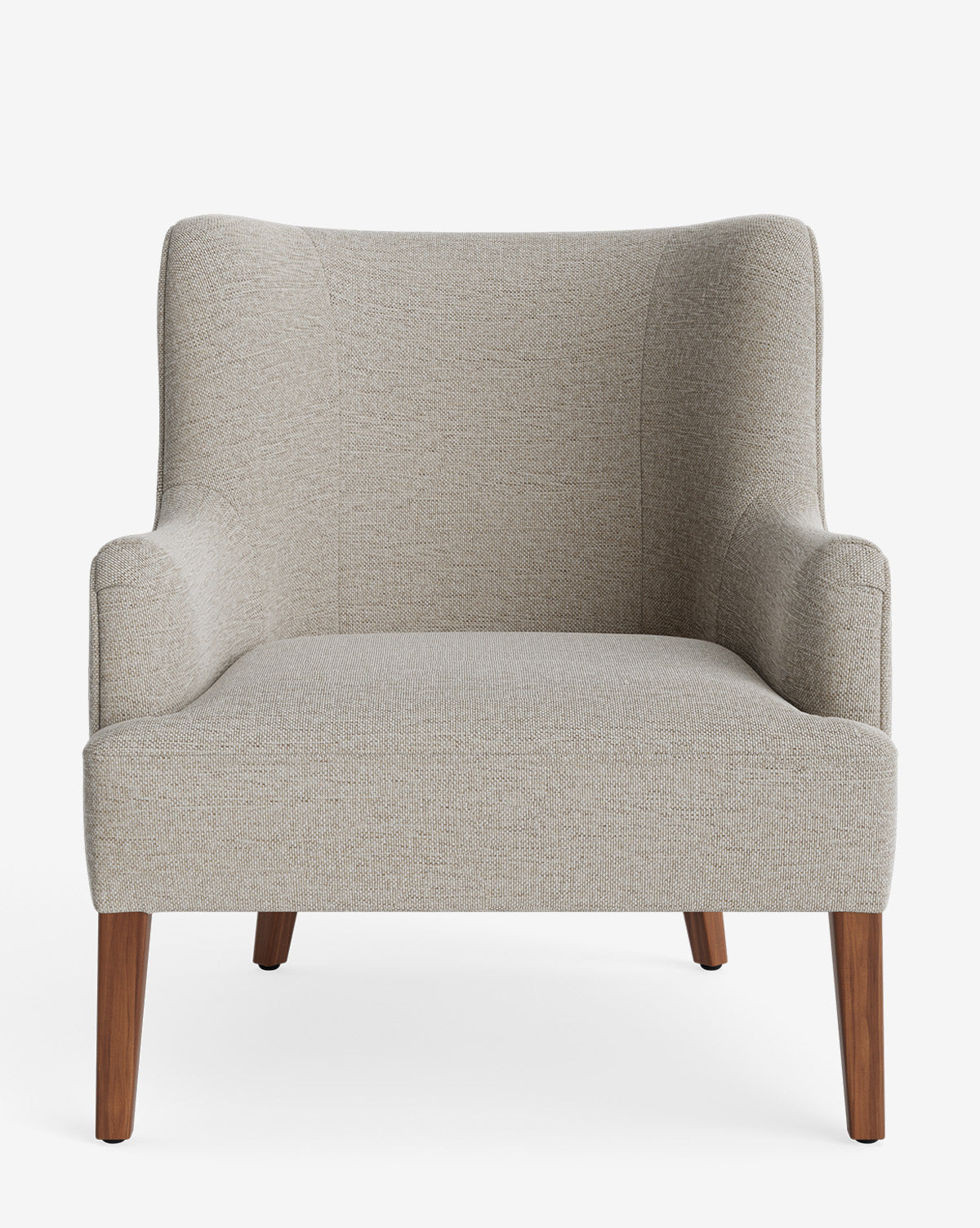 The Marion Lounge Chair is shown from the front against a plain white background, highlighting its light gray performance fabric, curved arms, high backrest, and four angled wooden legs by McGee & Co.