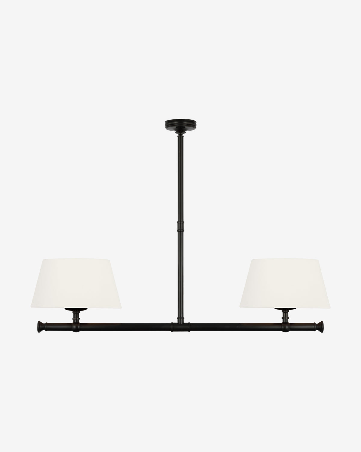 The Marion Linear Chandelier by Visual Comfort & Co. Signature displays a sleek black horizontal bar with two white linen shades, suspended from a ceiling mount on a vertical rod, shown against a plain white background. McGee & Co.