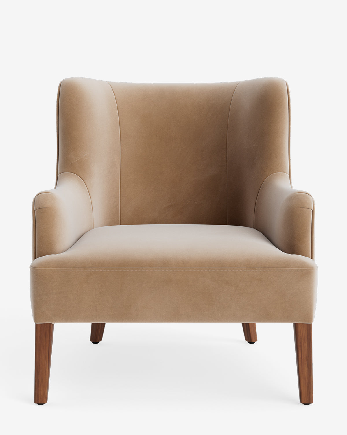 The Marion Lounge Chair showcases tan custom upholstery, a high backrest, curved armrests, and four wooden legs, shown from the front on a white background by McGee & Co.