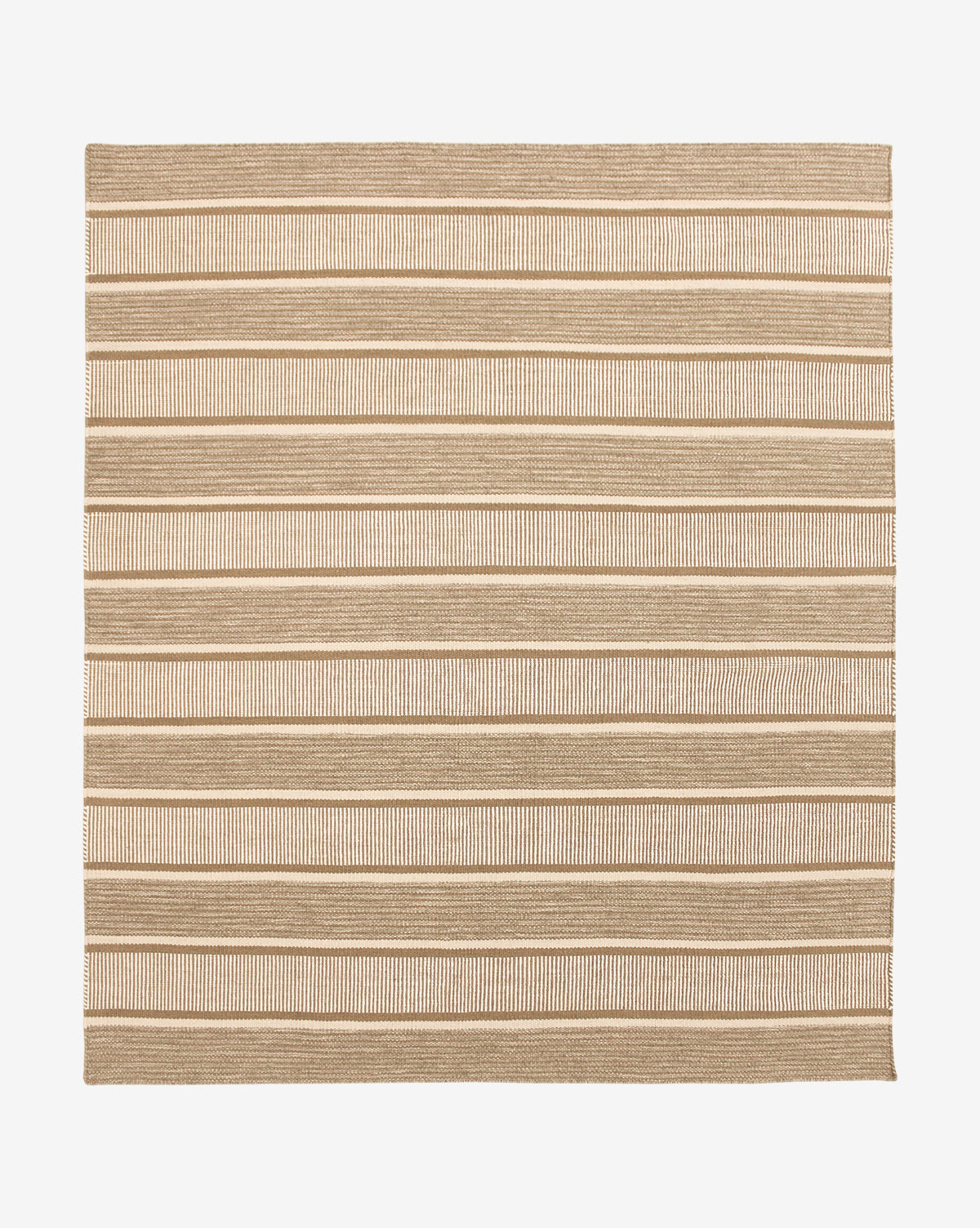 The Marlon Handwoven Wool Rug features alternating wide tan and narrow beige horizontal stripes on a light background, offering a simple geometric design that brings subtle elegance to any room, by McGee & Co.