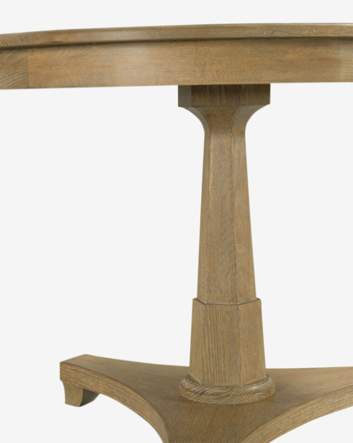 A close-up of the Marna Entry Table shows its round oak tabletop and sturdy pedestal base with three curved legs, all set against a white background by McGee & Co.