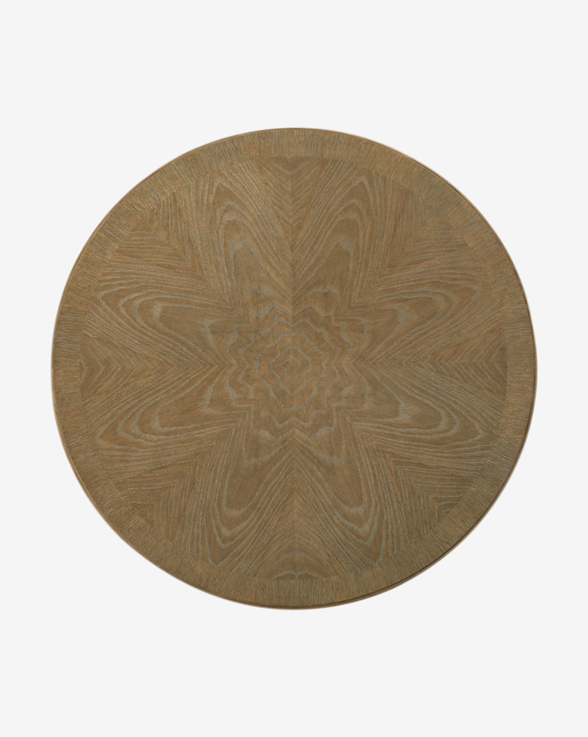 The Marna Entry Table features a round tabletop with a natural starburst wood grain pattern, seen from above on a plain white background—perfect as an oak entry table or elegant accent piece, by McGee & Co.