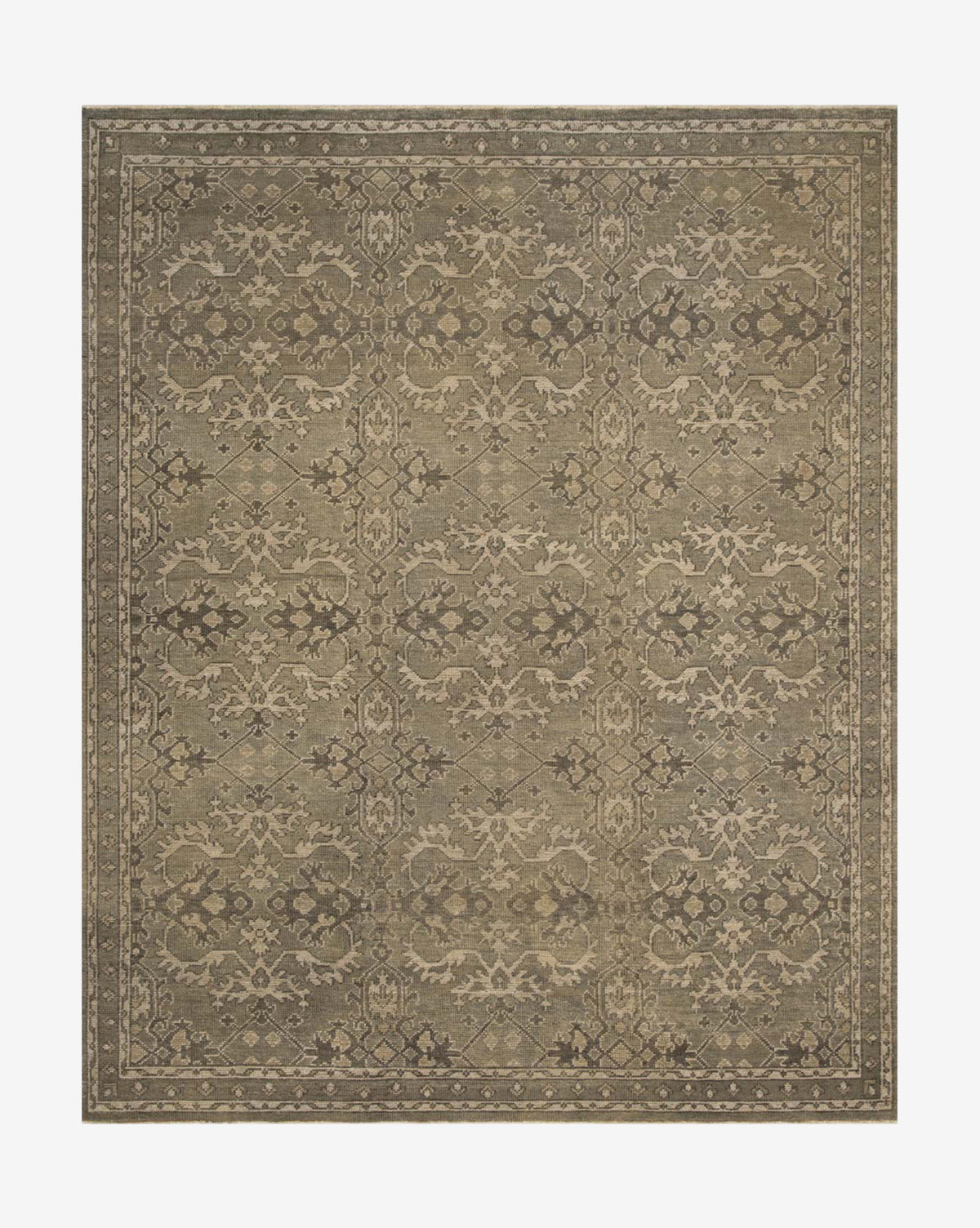 The Marola Hand-Knotted Wool Rug showcases an intricate, symmetrical floral and vine design in muted brown, beige, and taupe tones, bordered with matching motifs for a refined artisan touch, by McGee & Co.