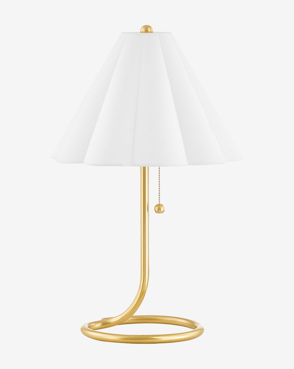 The Martha Table Lamp by Hudson Valley Lighting features a round brass base, curved stand, white pleated linen shade, and pull chain—all set against a plain white background. McGee & Co.